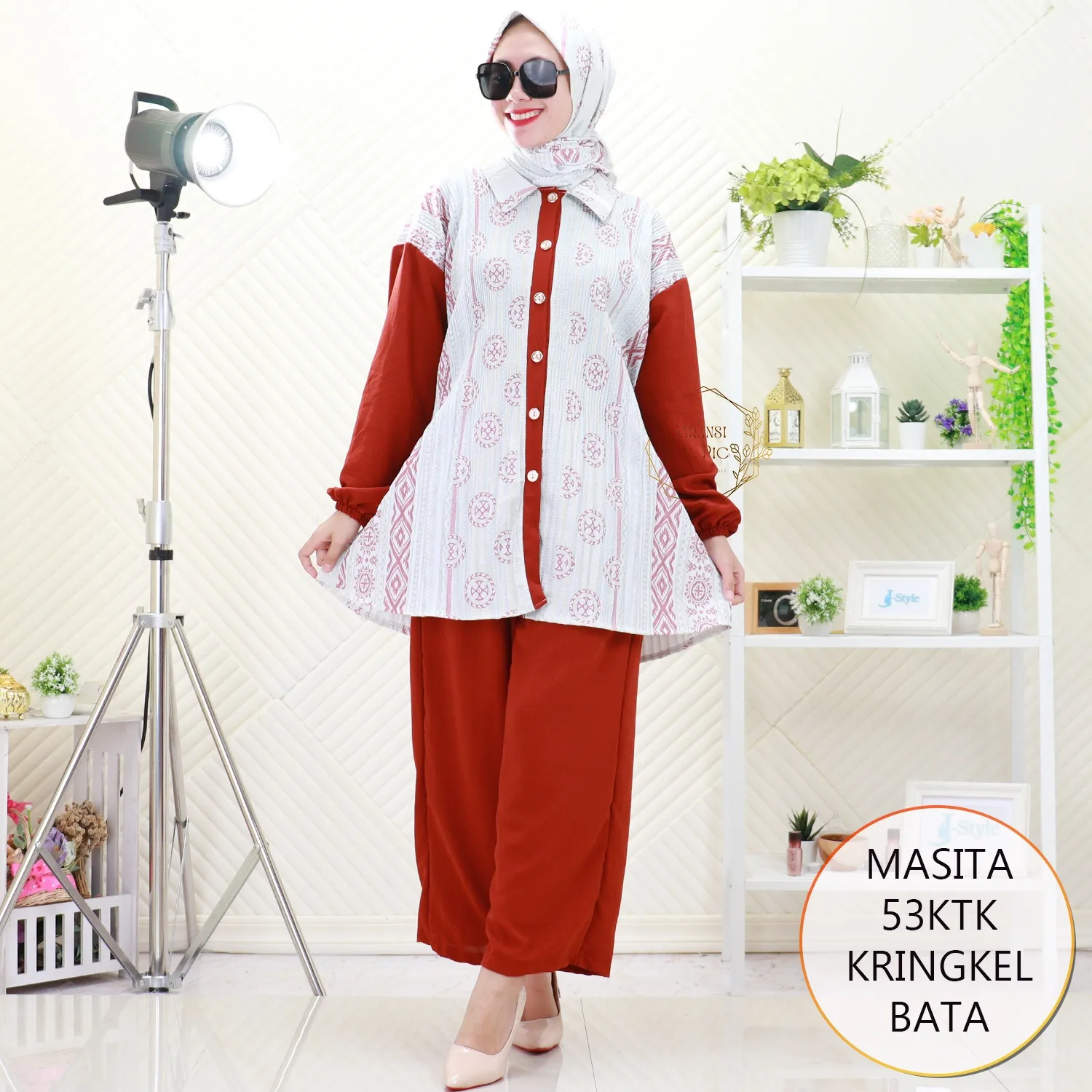 Masita One Set Tunik Jumbo Crinkle Motif Plisket Lidi Busui Friendly Set Hijab Segi Empat