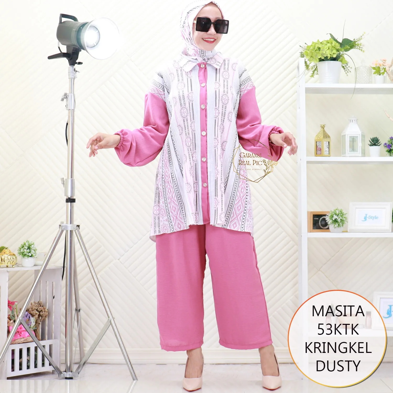 Masita One Set Tunik Jumbo Crinkle Motif Plisket Lidi Busui Friendly Set Hijab Segi Empat