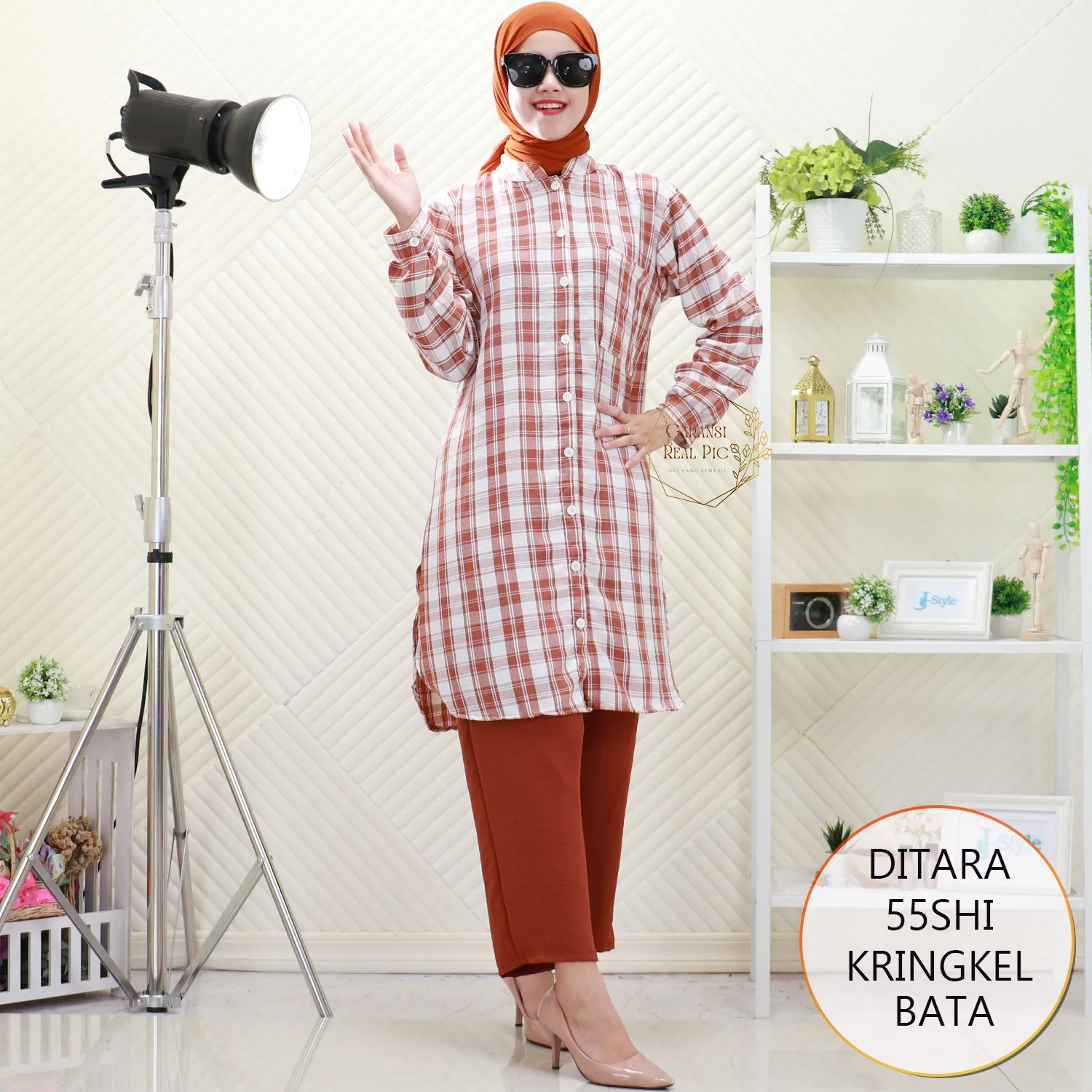 Ditara One Set Tunik Kringkel Airfllow Motif Kotak Full Kancing Saku Depan A3 Belah Samping