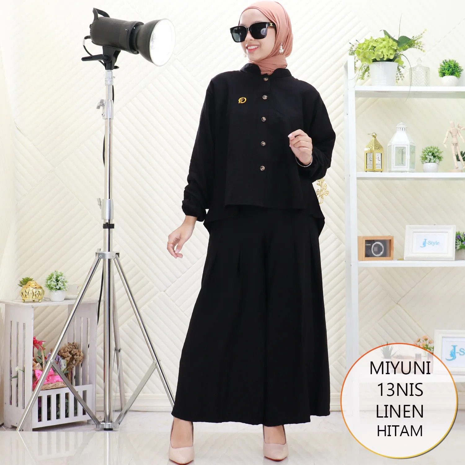 Miyuni One Set Kemeja Linen Full Kancing Model Pinguin Variasi Tali Pita Belakang