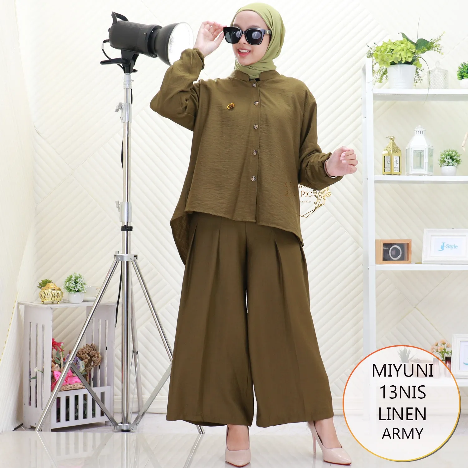 Miyuni One Set Kemeja Linen Full Kancing Model Pinguin Variasi Tali Pita Belakang