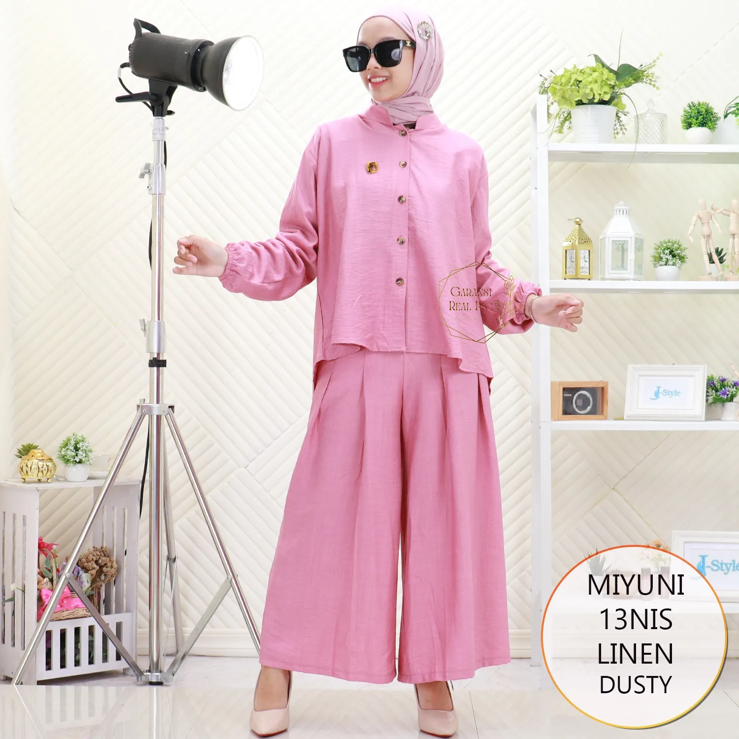 Miyuni One Set Kemeja Linen Full Kancing Model Pinguin Variasi Tali Pita Belakang