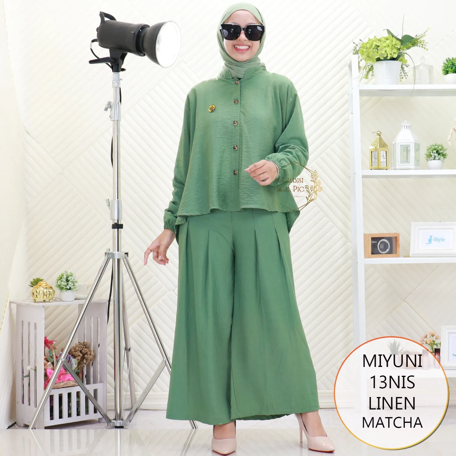 Miyuni One Set Kemeja Linen Full Kancing Model Pinguin Variasi Tali Pita Belakang