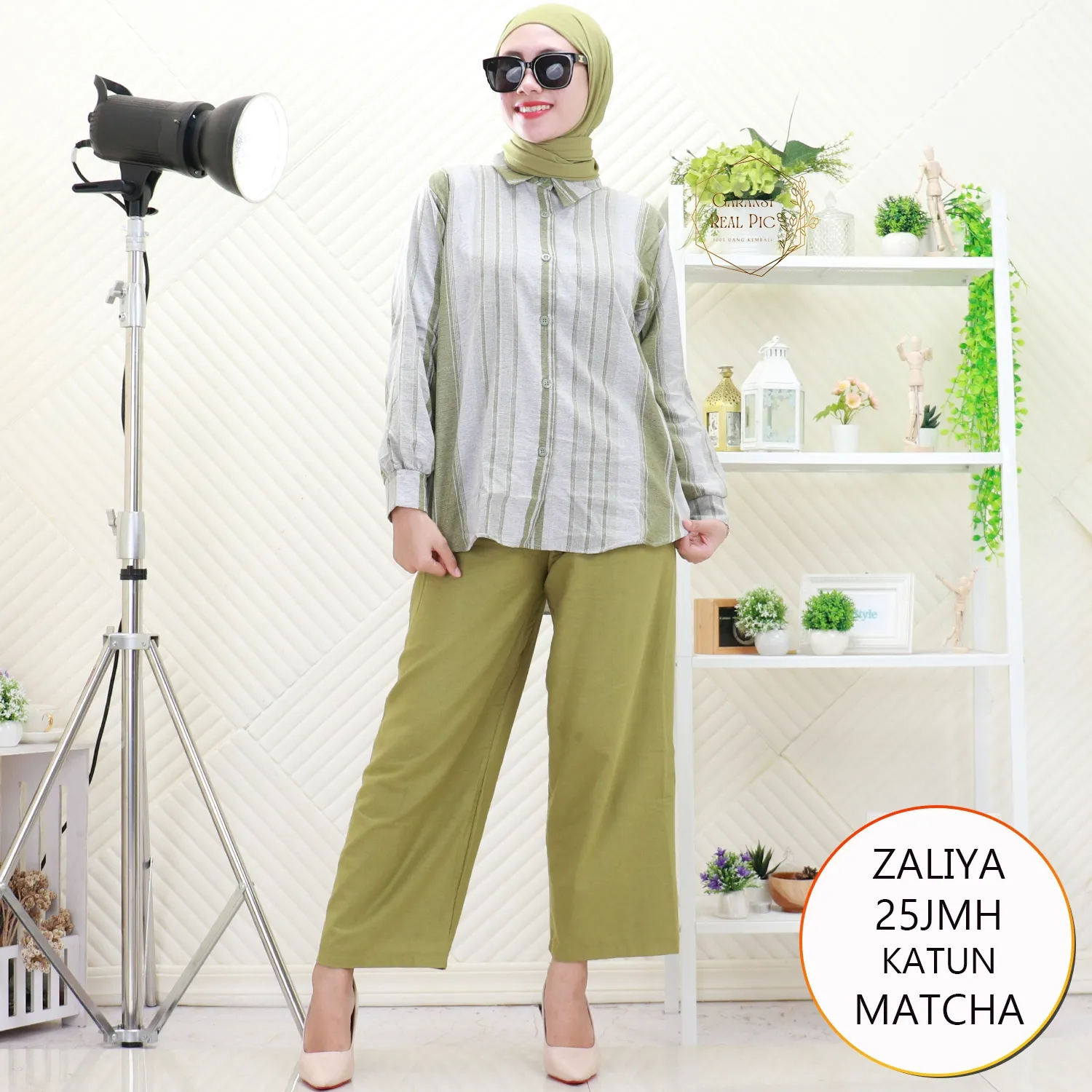 Zaliya One Set Kemeja Katun Motif Salur Full Kancing Model Pinguin