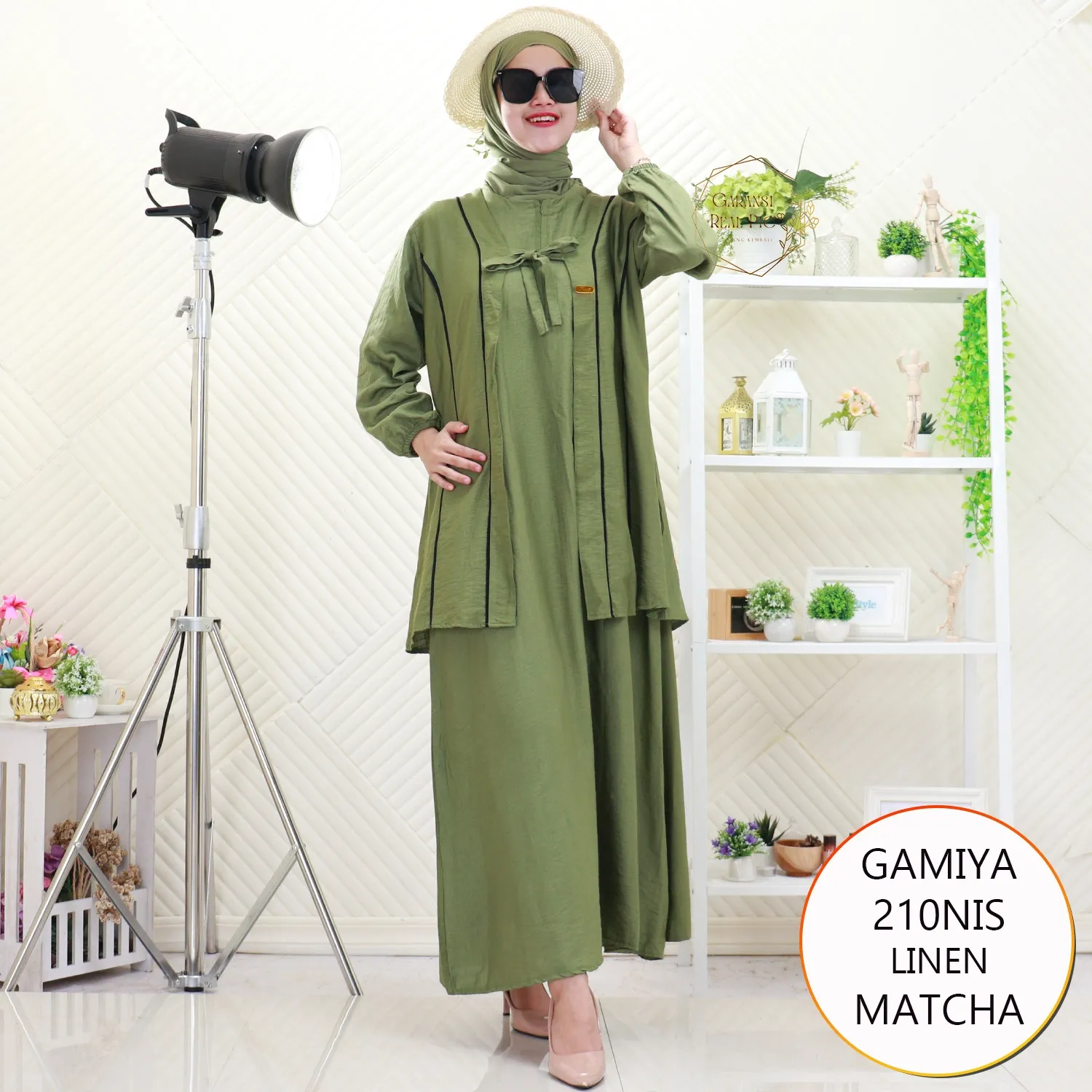 Gamiya Gamis Polo Linen Set Cardy List Hitam Busui Friendly Lengan Balon