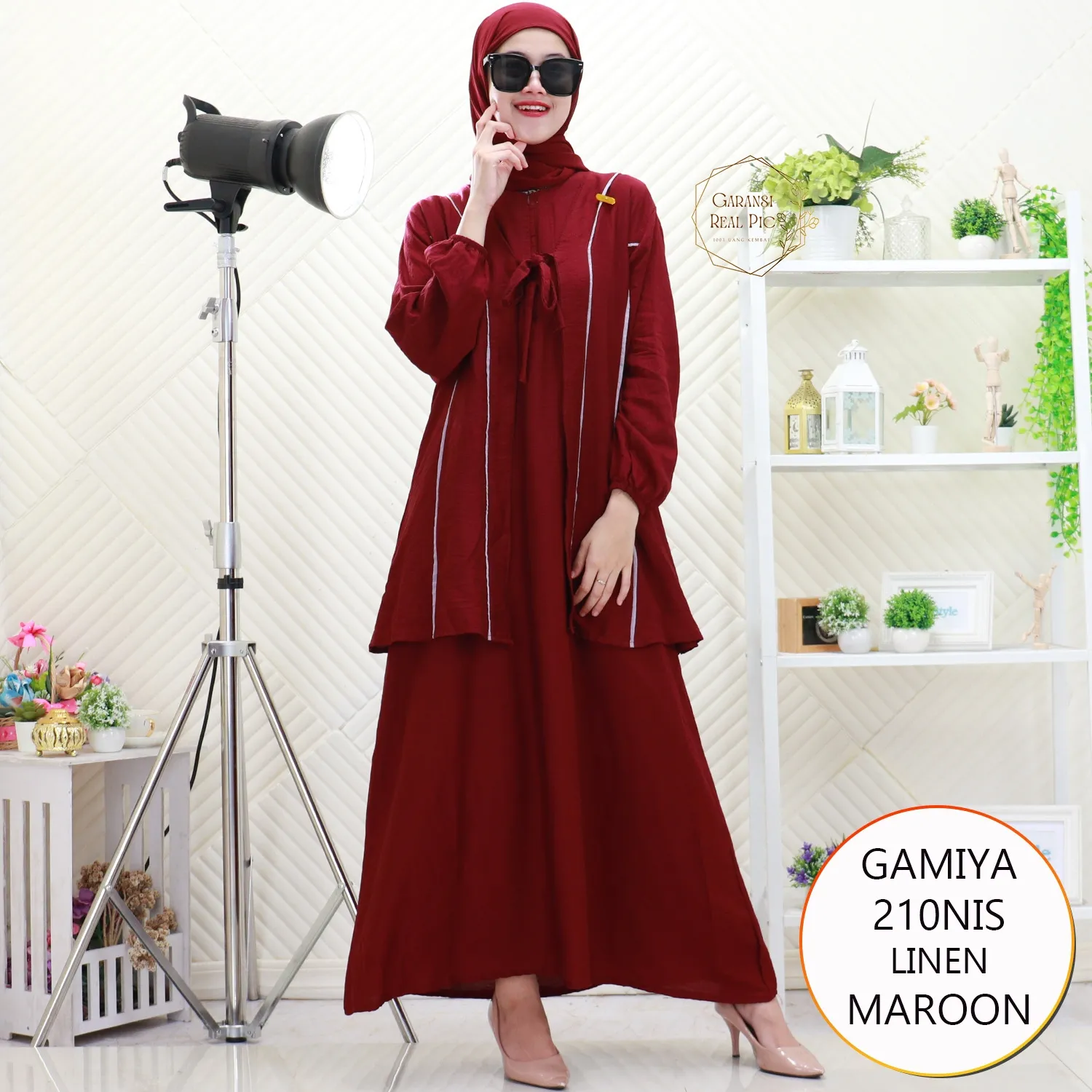 Gamiya Gamis Polo Linen Set Cardy List Hitam Busui Friendly Lengan Balon