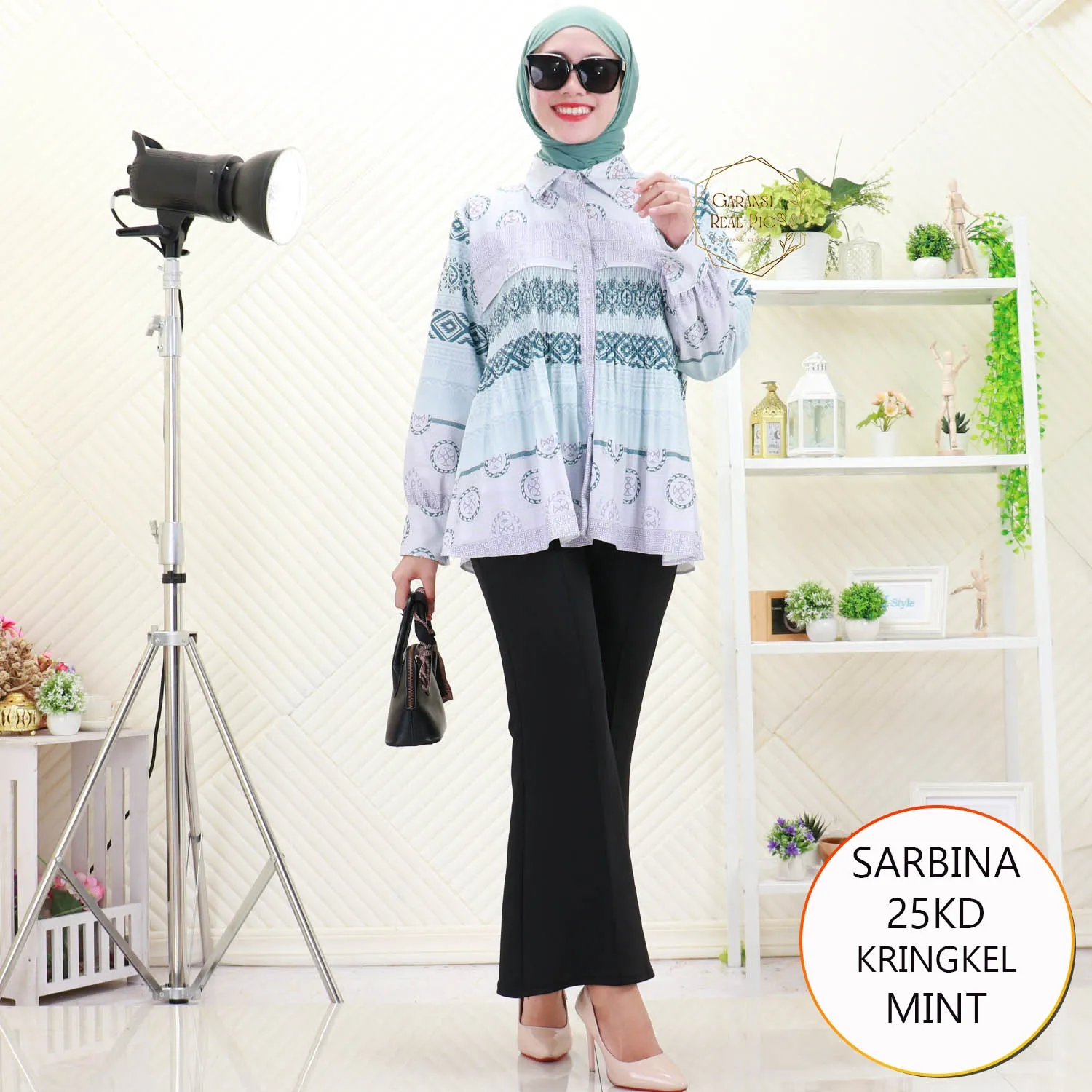 Sarbina Kemeja Wanita Dewasa Kringkel Plisket Motif Printing Full Kancing