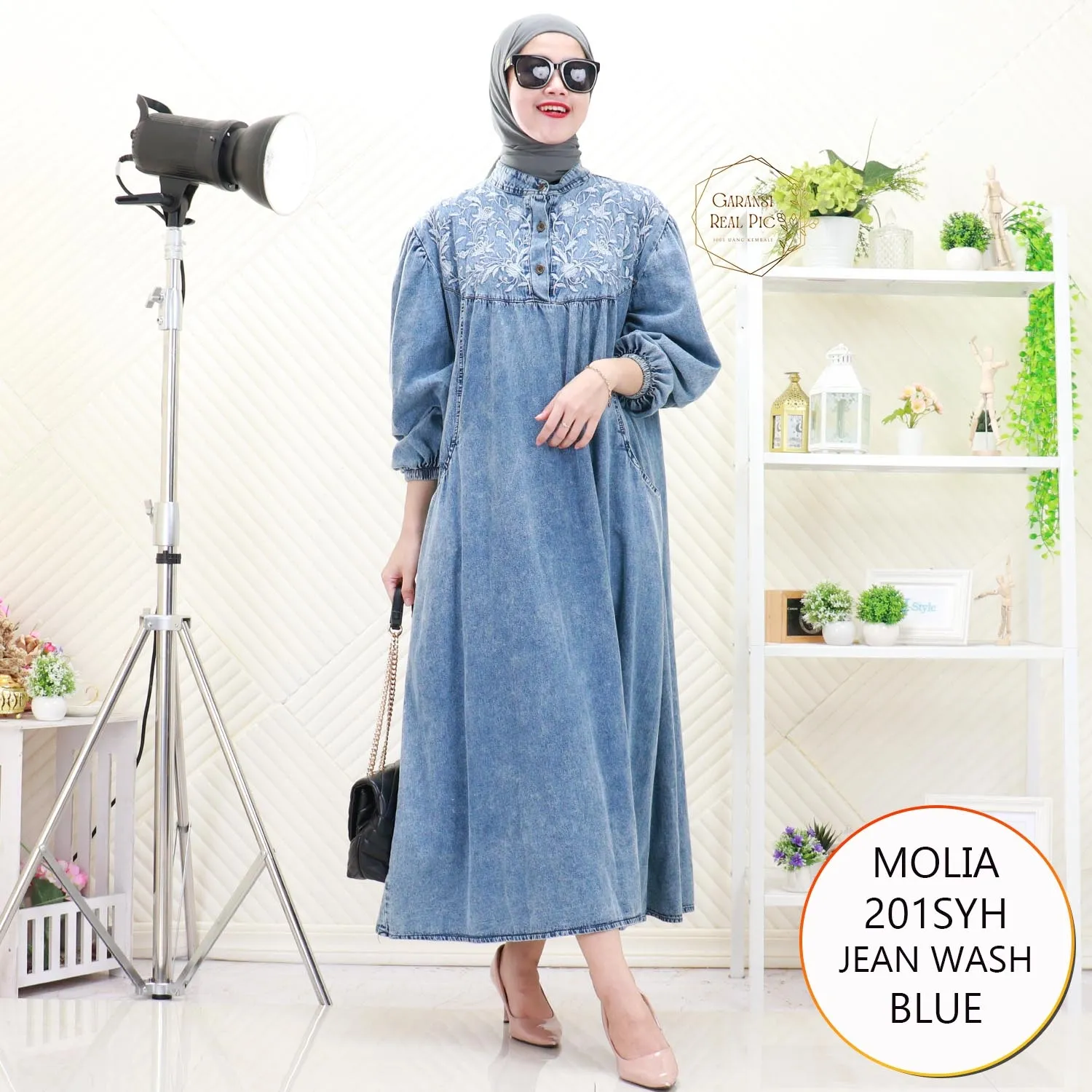 Molia Midi Jeans Washed Tangan Balon Bordir Timbul Saku Depan Wudhu Friendly