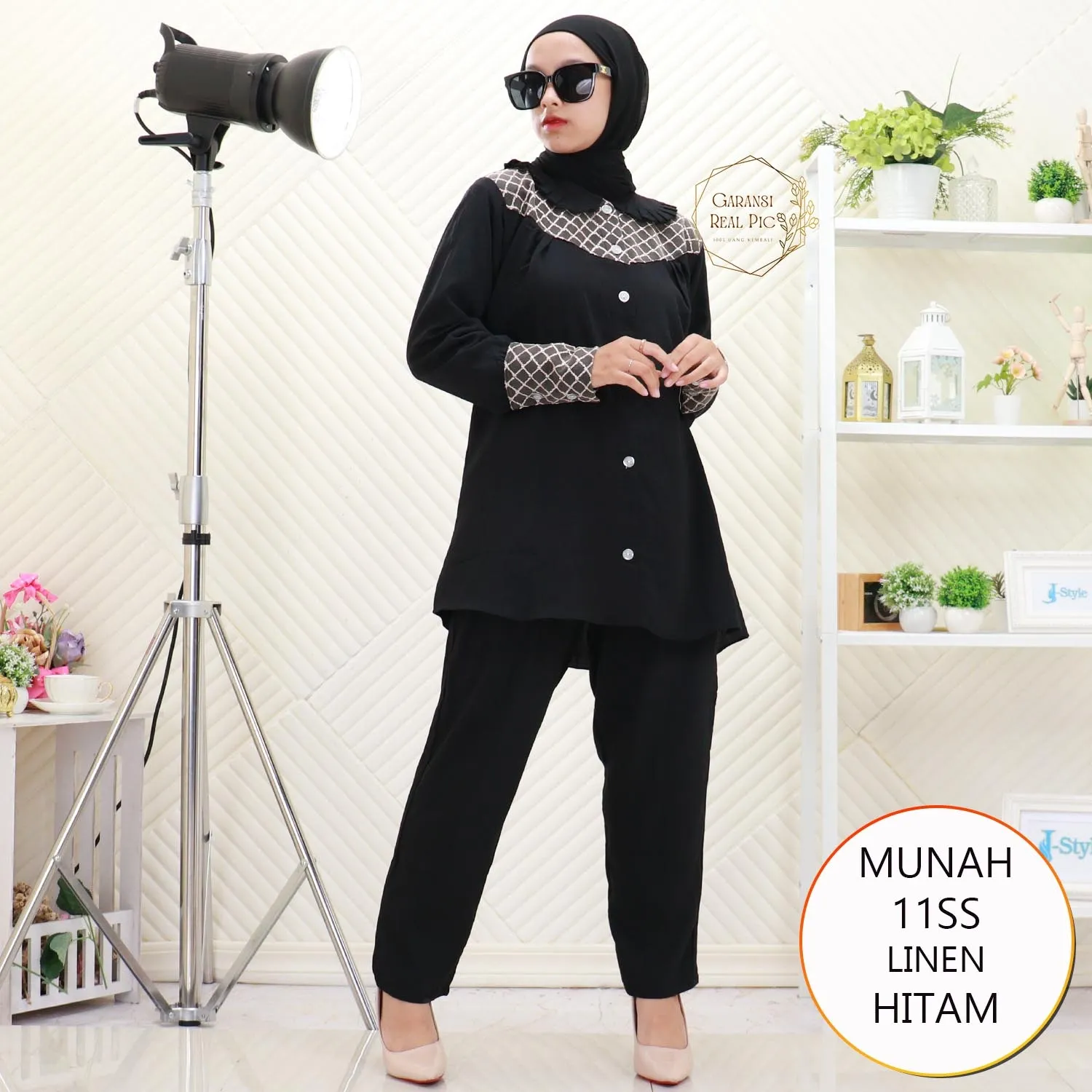 Munah One Set Linen Brukat Kerah Korean Full Kancing