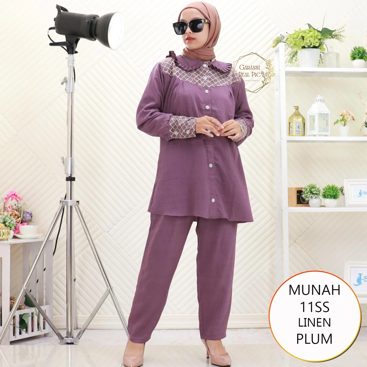 Munah One Set Linen Brukat Kerah Korean Full Kancing