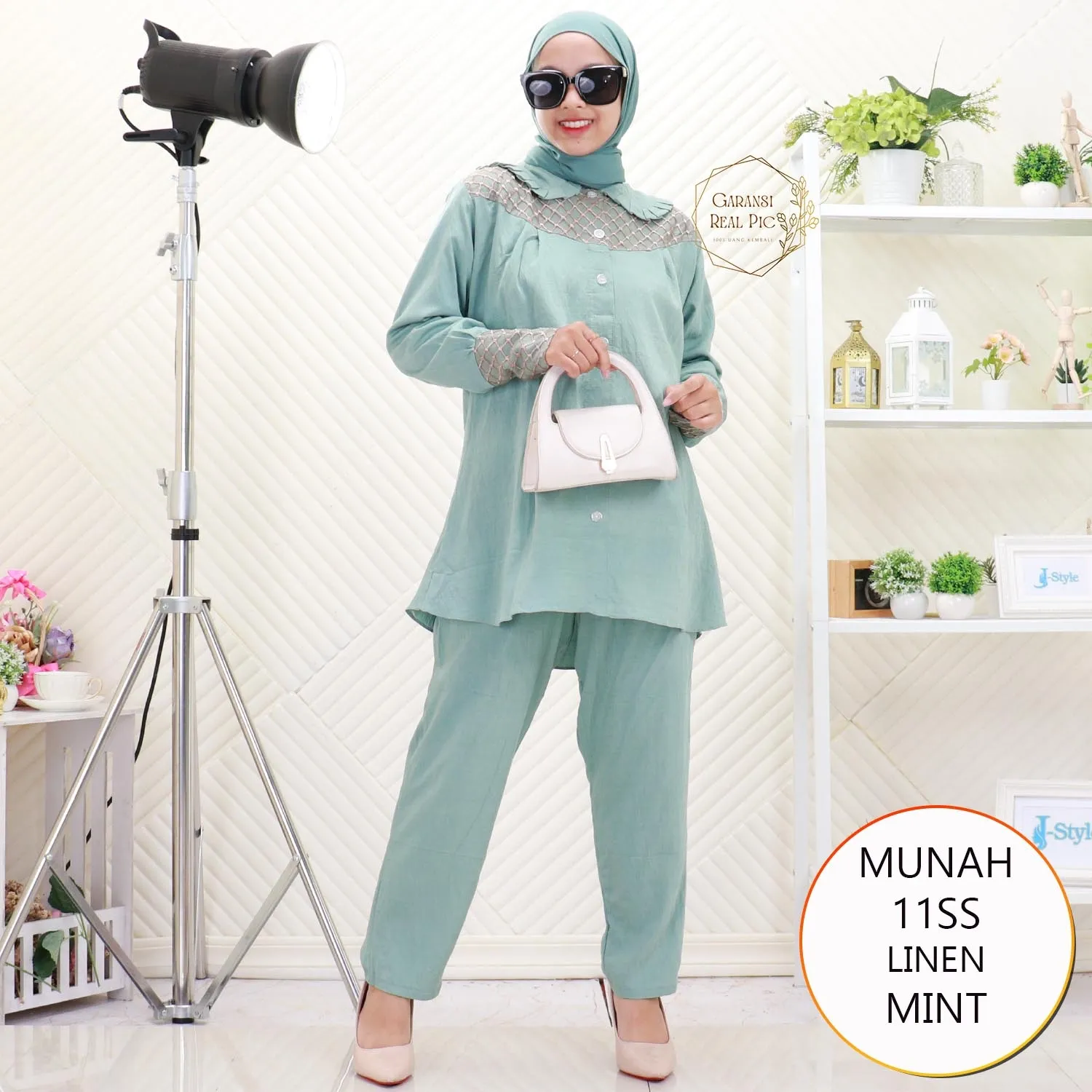 Munah One Set Linen Brukat Kerah Korean Full Kancing