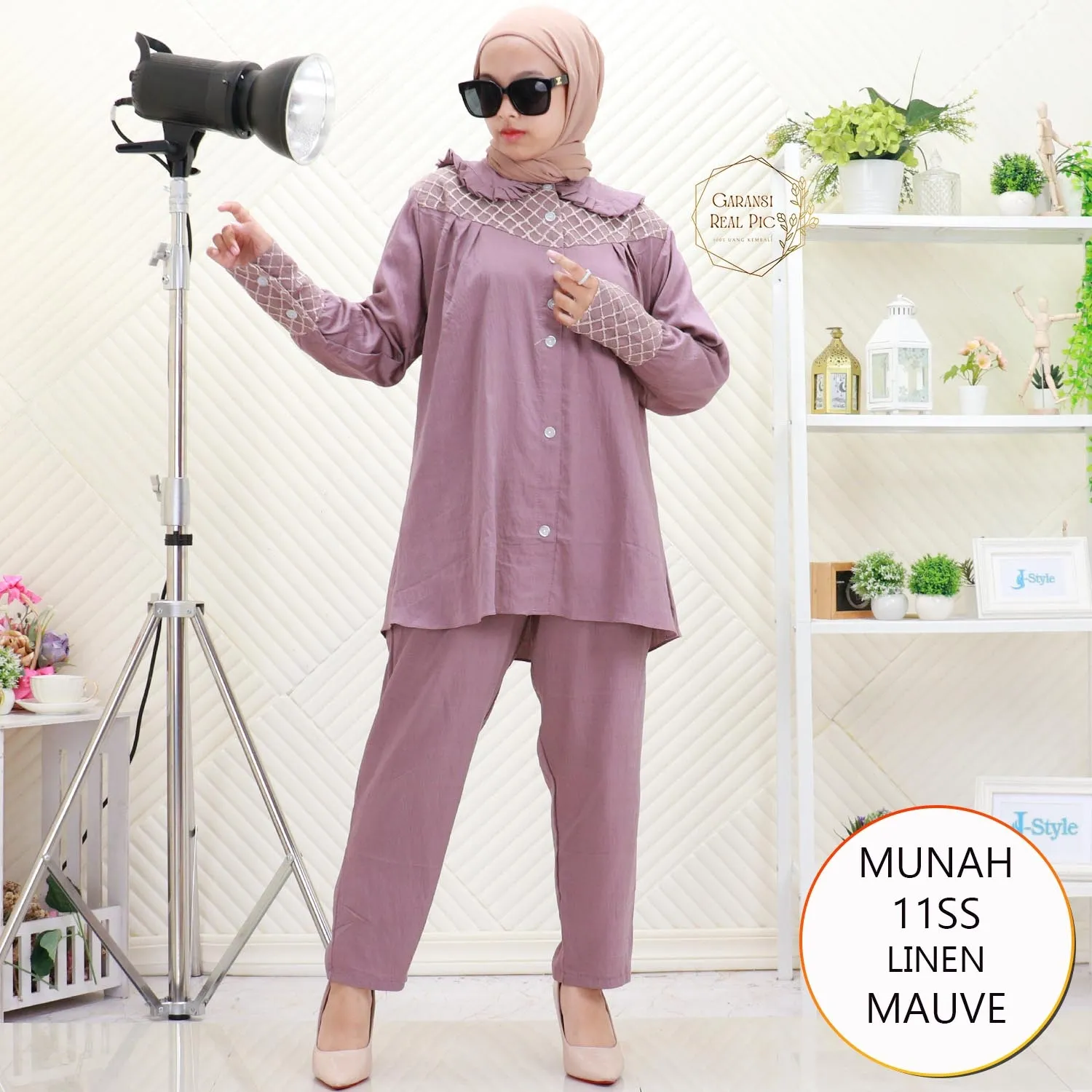 Munah One Set Linen Brukat Kerah Korean Full Kancing