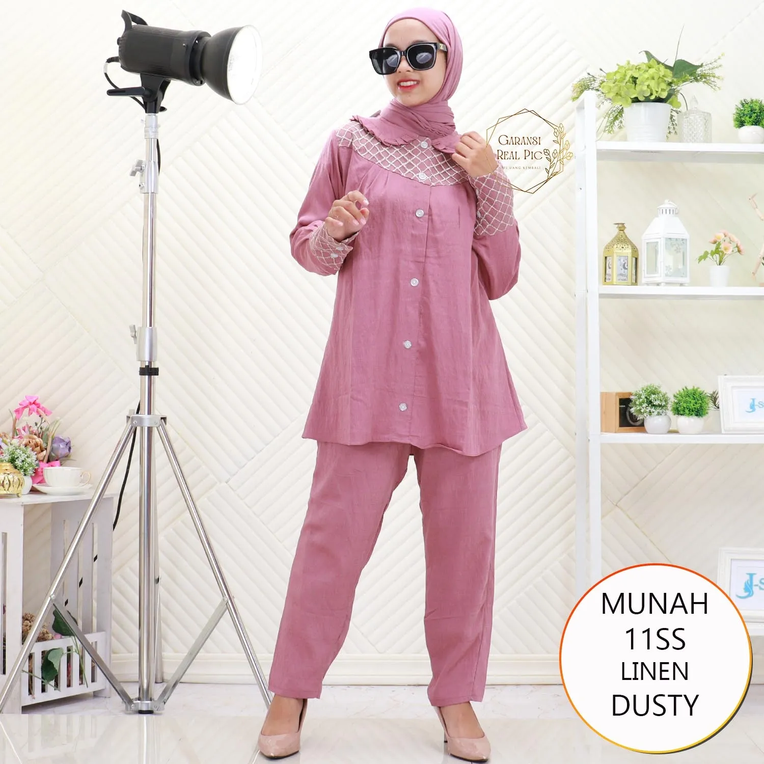 Munah One Set Linen Brukat Kerah Korean Full Kancing