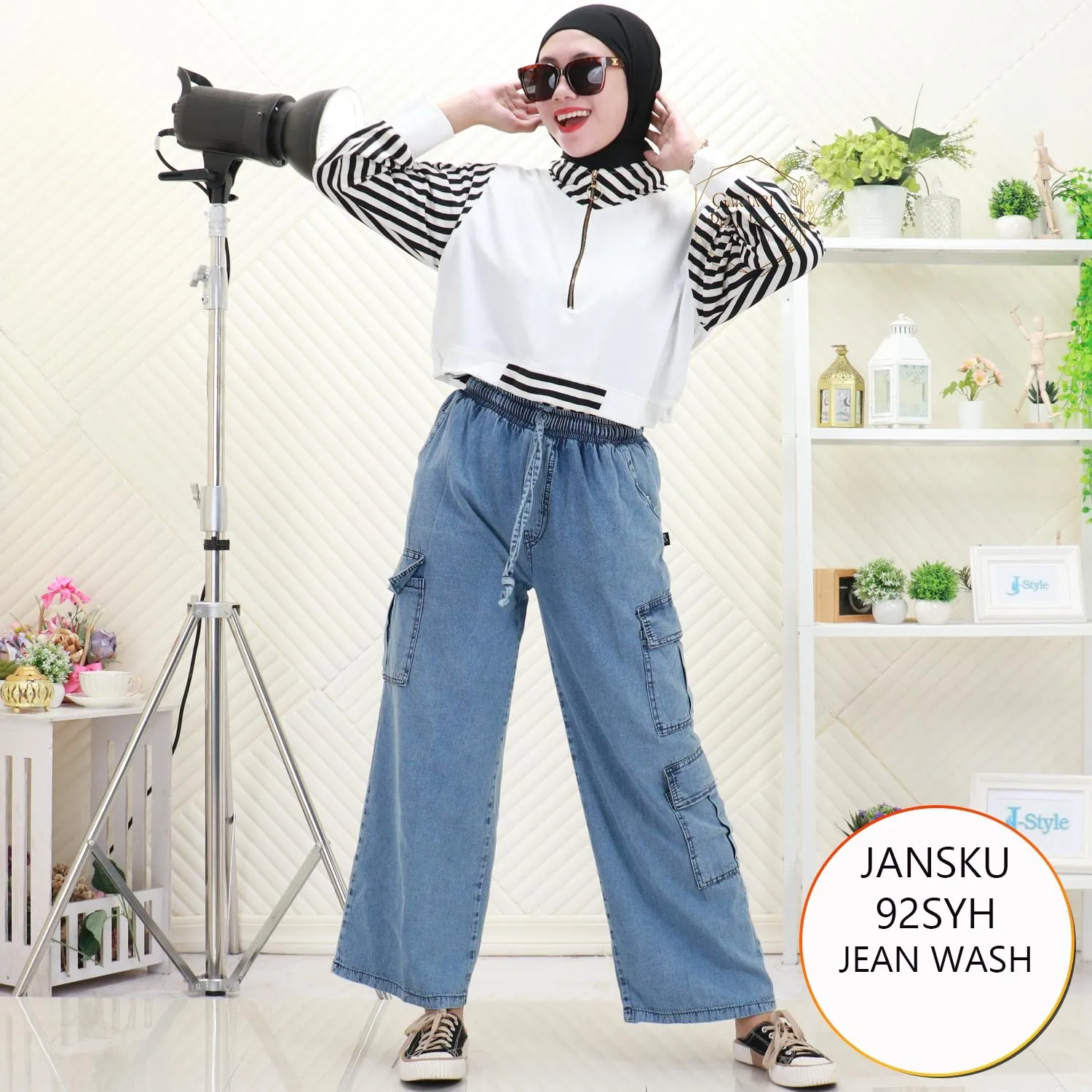 Jansku Celana Cargo Wanita Jeans Wash Tebal Pinggang Serut Karet 5 Kantong