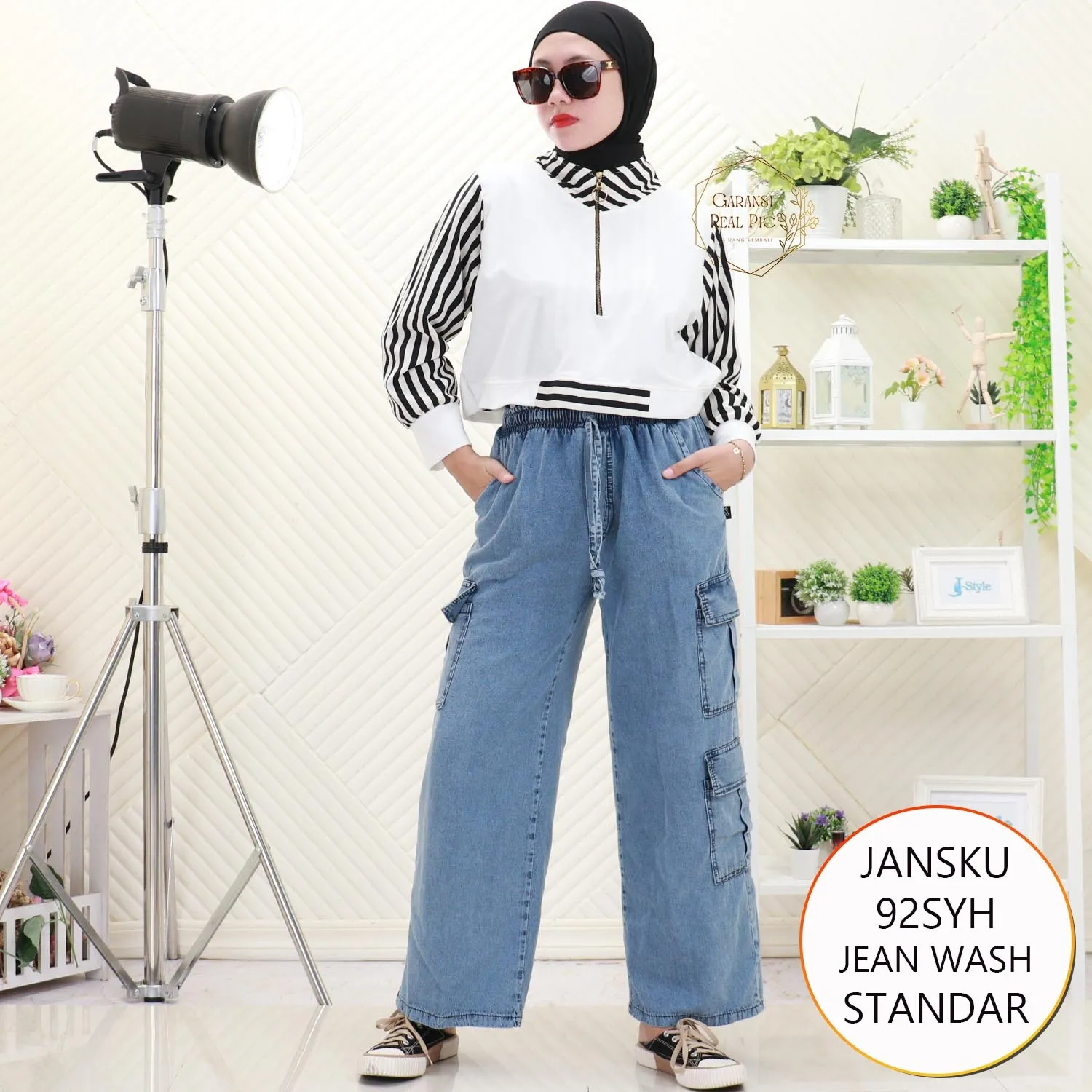 Jansku Celana Cargo Wanita Jeans Wash Tebal Pinggang Serut Karet 5 Kantong