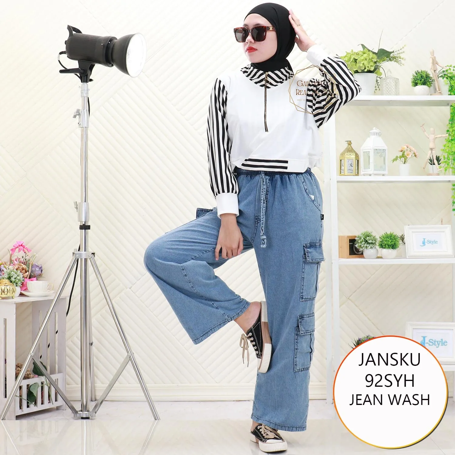 Jansku Celana Cargo Wanita Jeans Wash Tebal Pinggang Serut Karet 5 Kantong