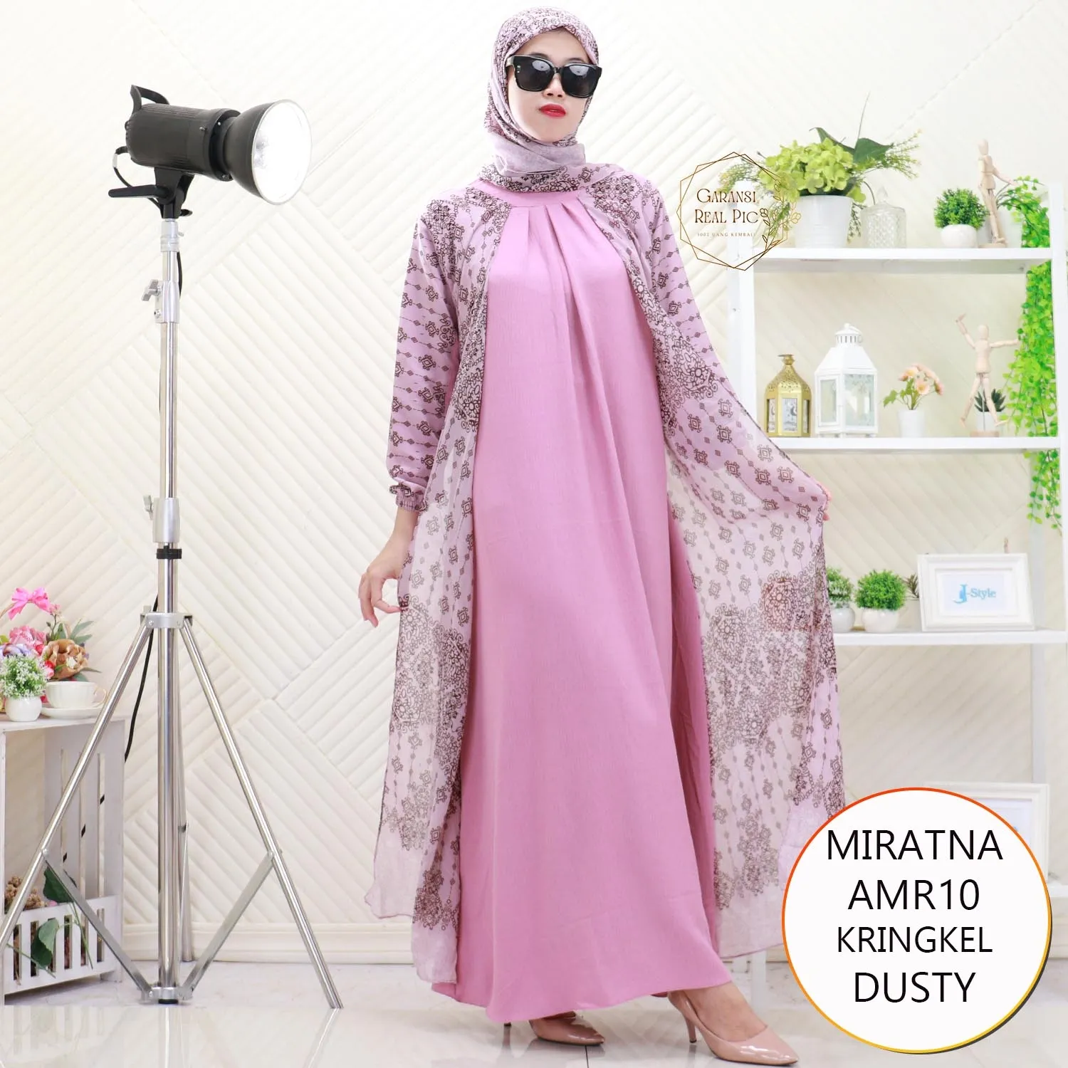 Miratna Gamis Crinkle Set Hijab Wanita Muslimah Long Cardi Nyatu Ceruty Printing Motif