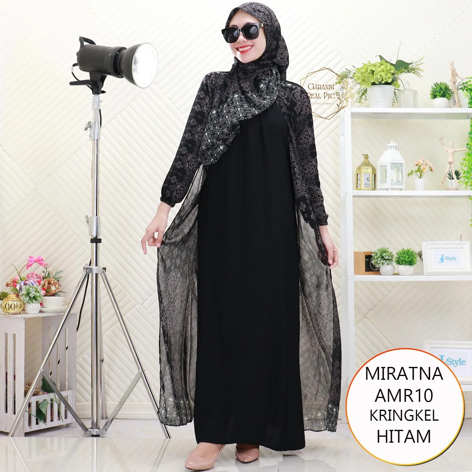 Miratna Gamis Crinkle Set Hijab Wanita Muslimah Long Cardi Nyatu Ceruty Printing Motif