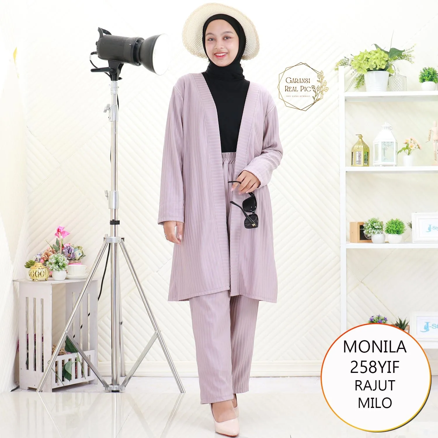 Monila Setelan Long Cardi Lengan Panjang Rajut Rib Tebal Motif Garis