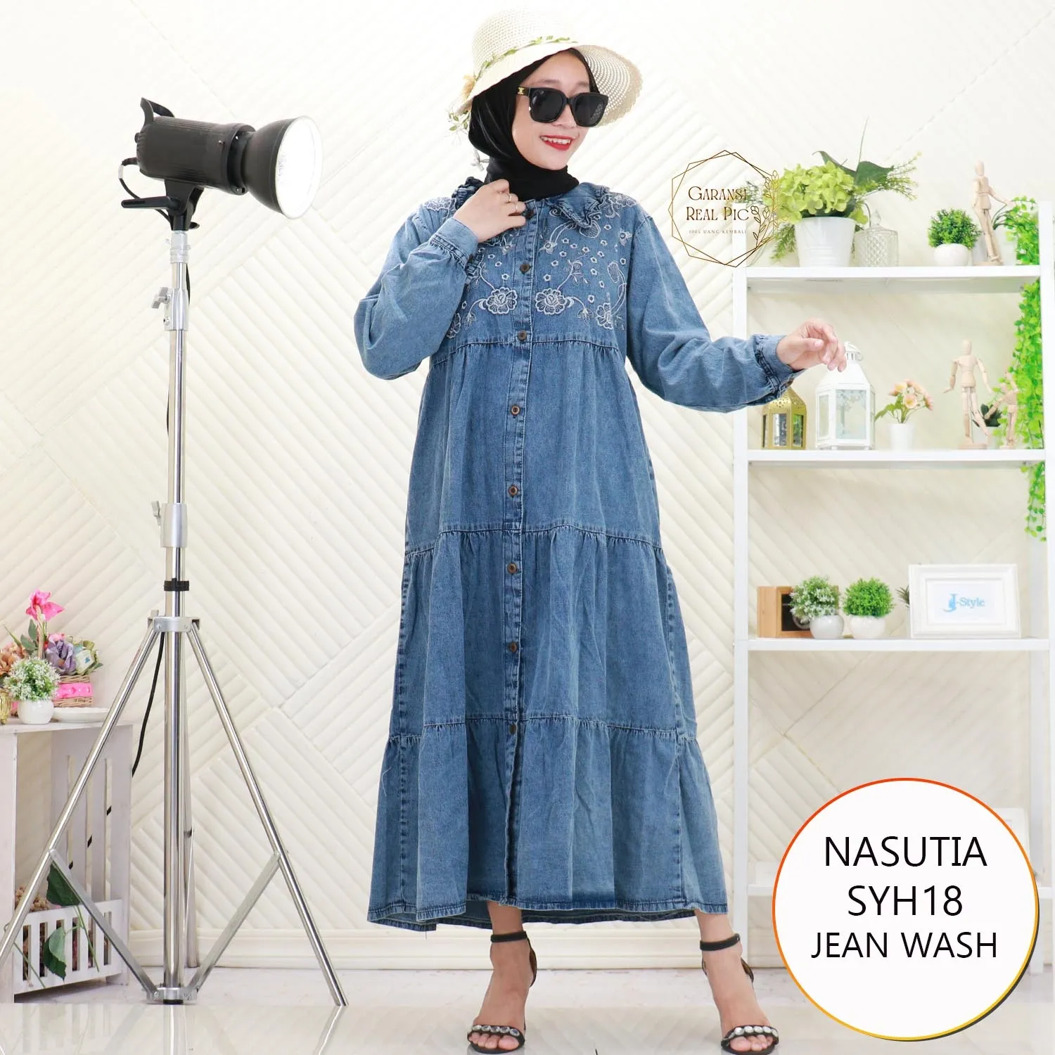 Nasutia Midi Dress Jeans Wash Bordir Timbul Full Kancing SYH18 Jean wash - bajubaru.id, Belanja Online di bajubaru.id saja 