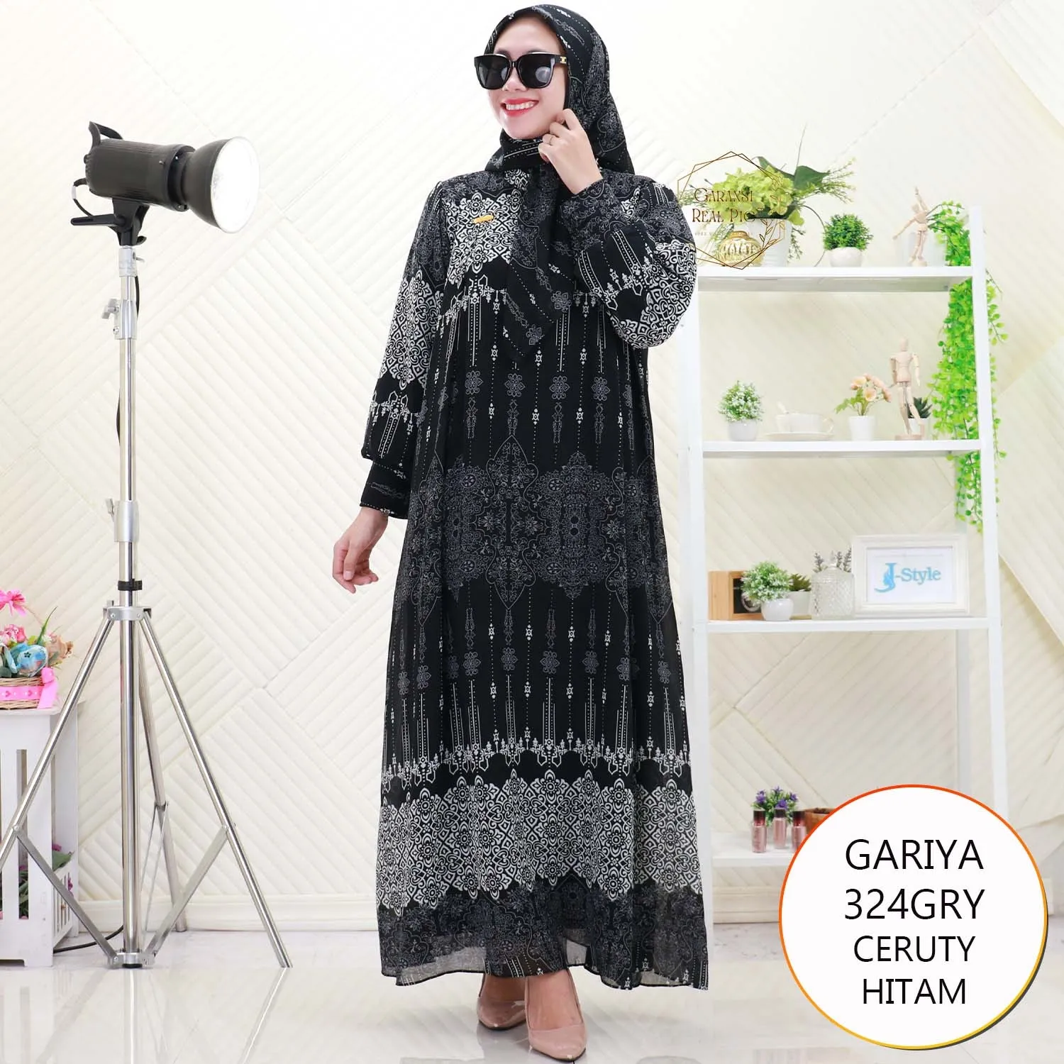 Gariya Gamis Set Hijab Ceruty Motif Etnik Full Furing