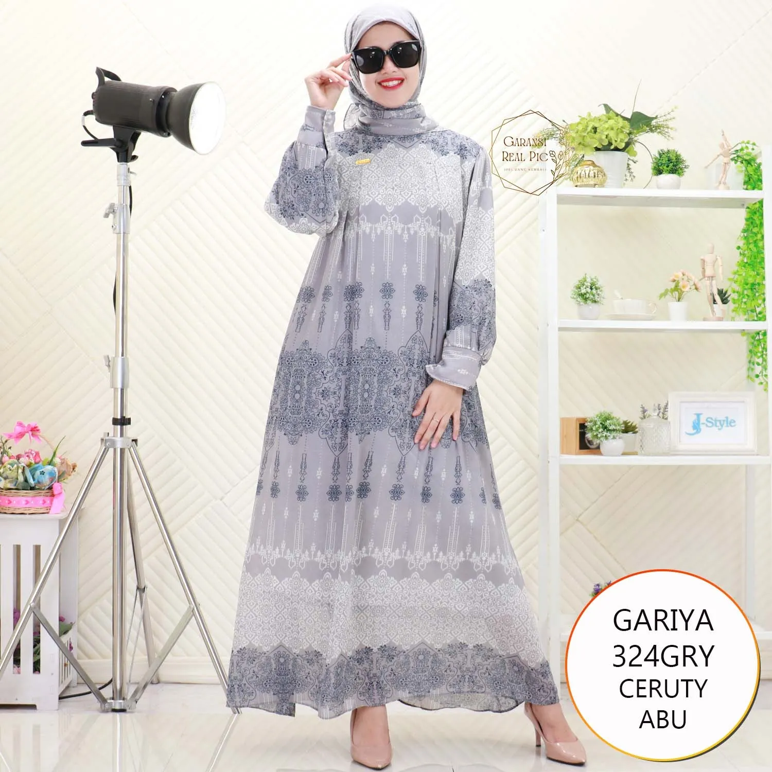 Gariya Gamis Set Hijab Ceruty Motif Etnik Full Furing