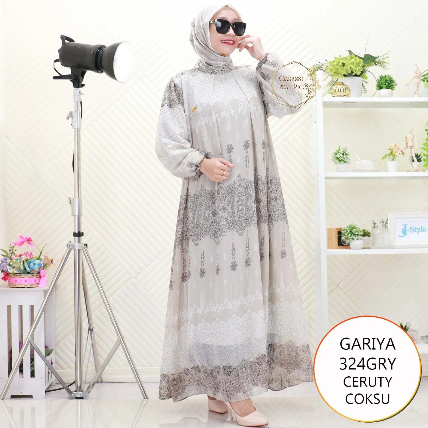 Gariya Gamis Set Hijab Ceruty Motif Etnik Full Furing