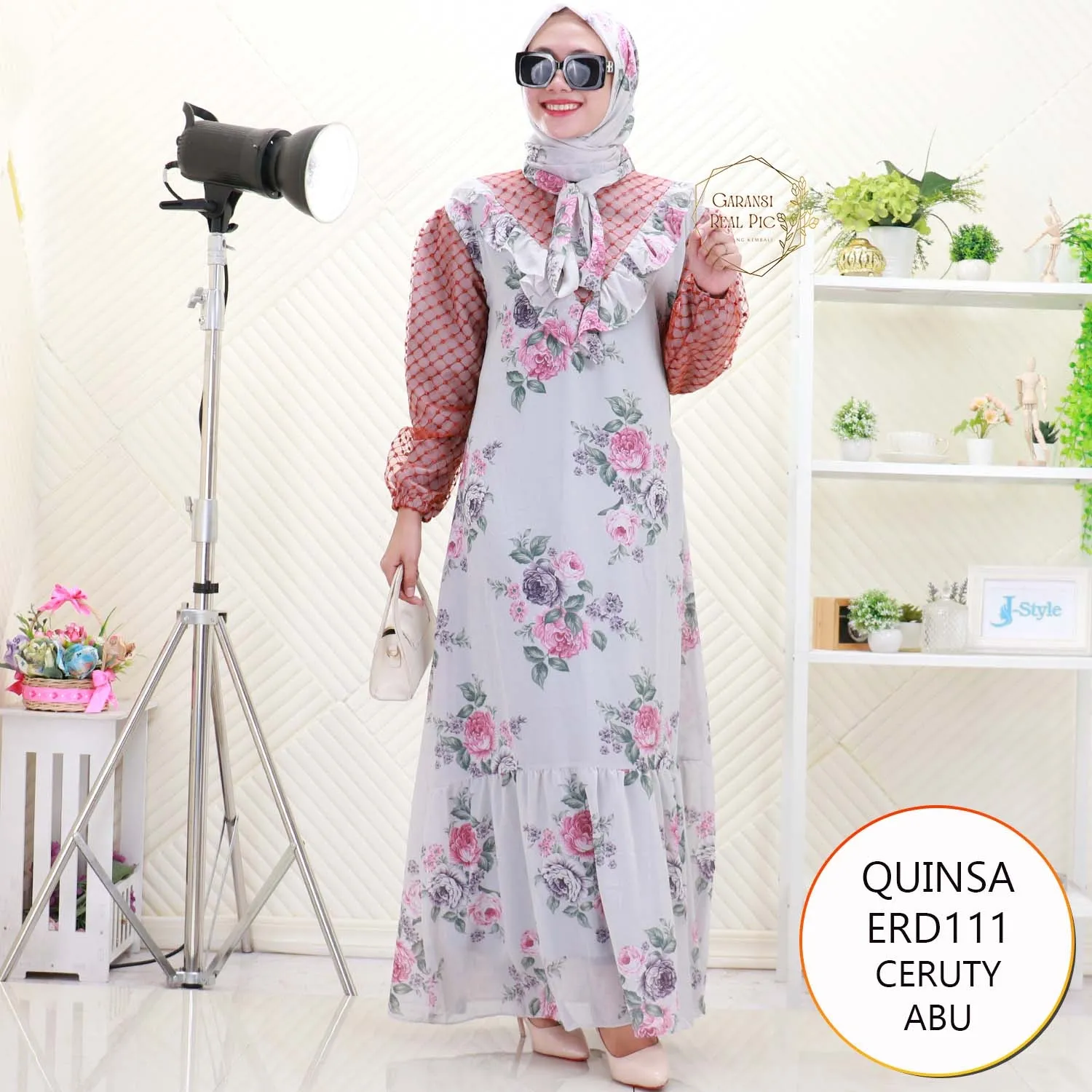 Quinsa Gamis Set Hijab Wanita Muslimah Busui Friendly Ceruty Printing Motif Lengan Balon Til