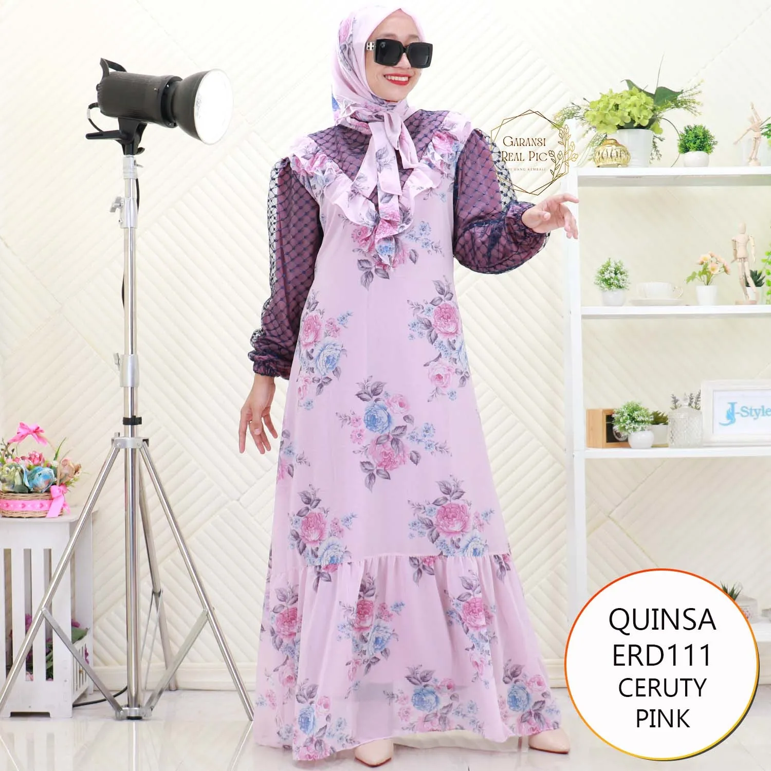 Quinsa Gamis Set Hijab Wanita Muslimah Busui Friendly Ceruty Printing Motif Lengan Balon Til