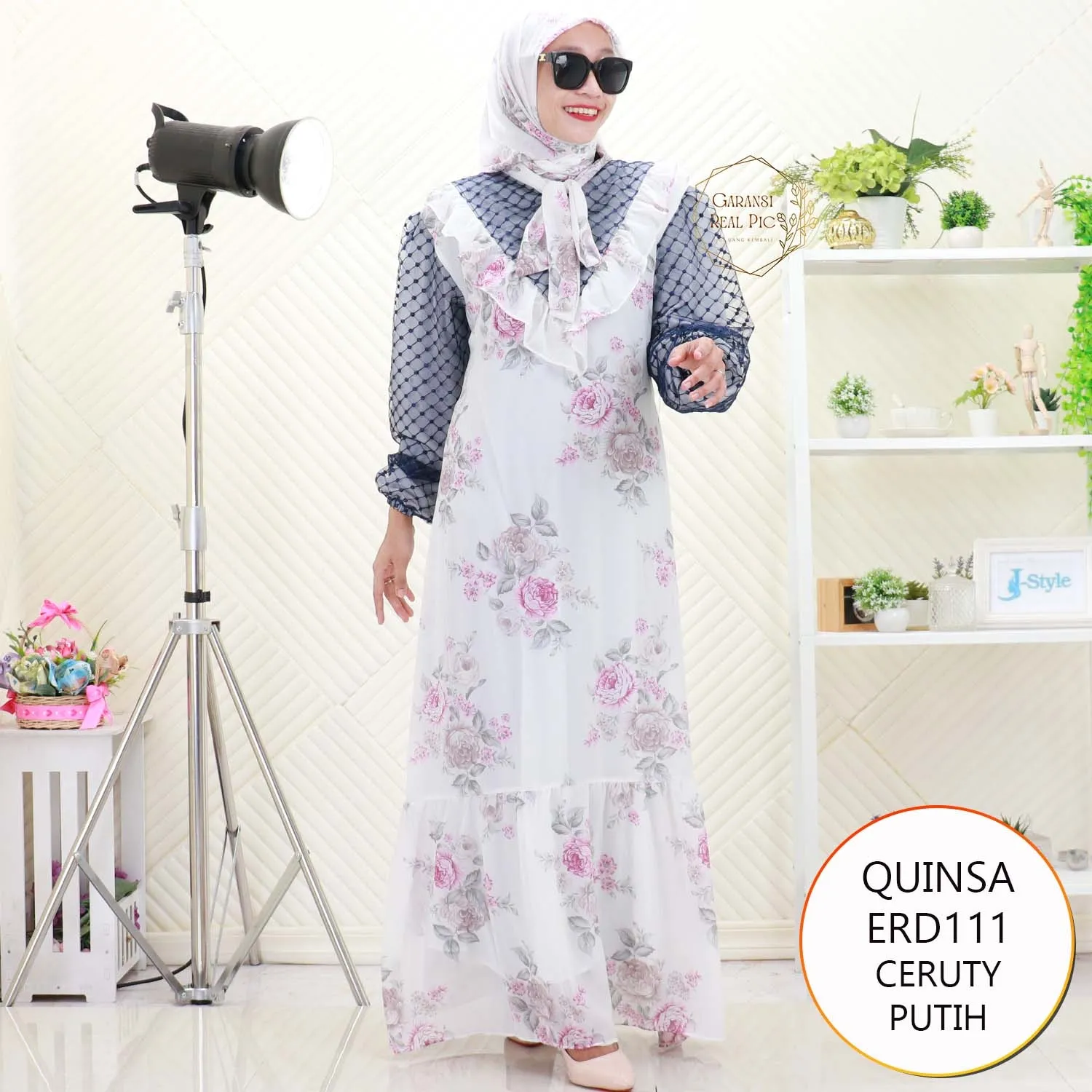 Quinsa Gamis Set Hijab Wanita Muslimah Busui Friendly Ceruty Printing Motif Lengan Balon Til