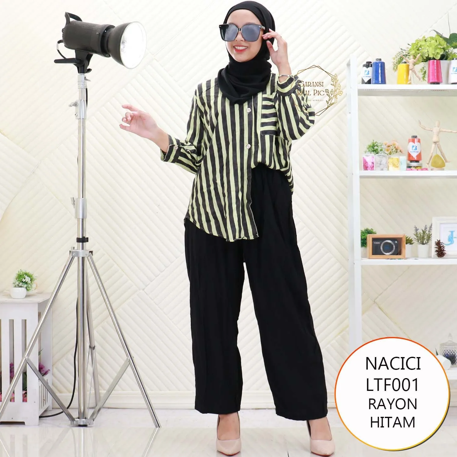 Nacici One Set Kemeja Rayon Motif Salur Full Kancing Saku Depan