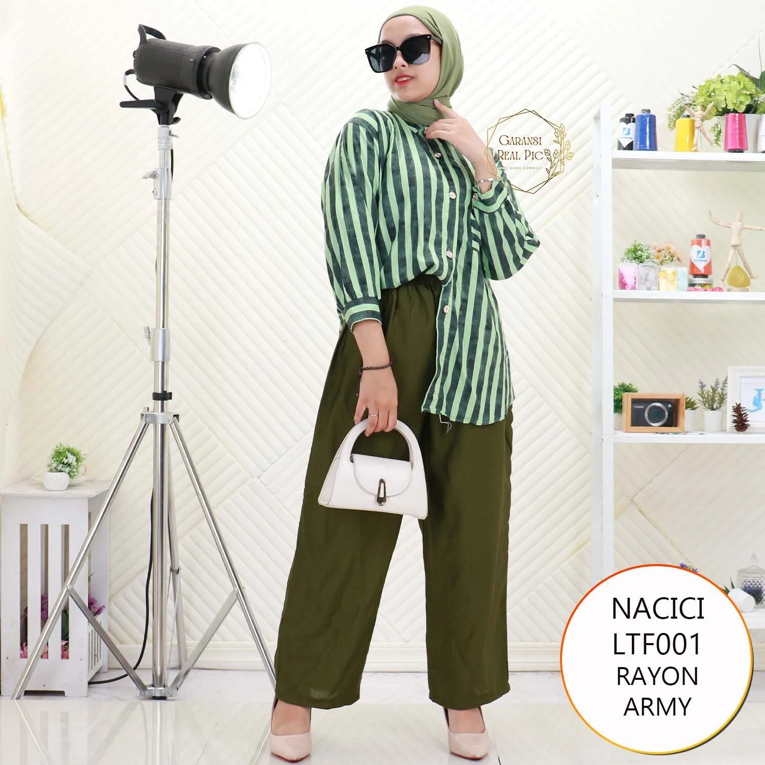 Nacici One Set Kemeja Rayon Motif Salur Full Kancing Saku Depan