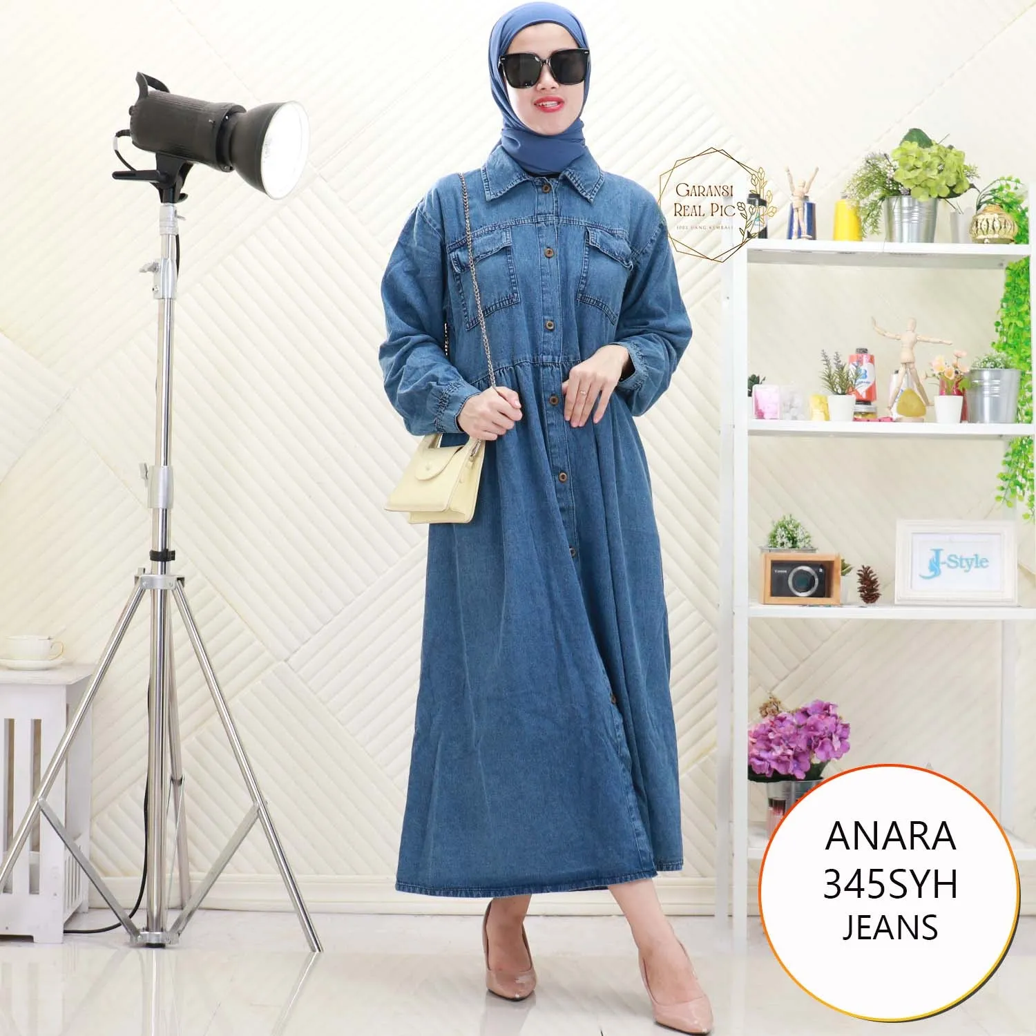 Anara Midi Dress Jeans Saku Depan Full Kancing 345SYH Jeans - bajubaru.id, Belanja Online di bajubaru.id saja 