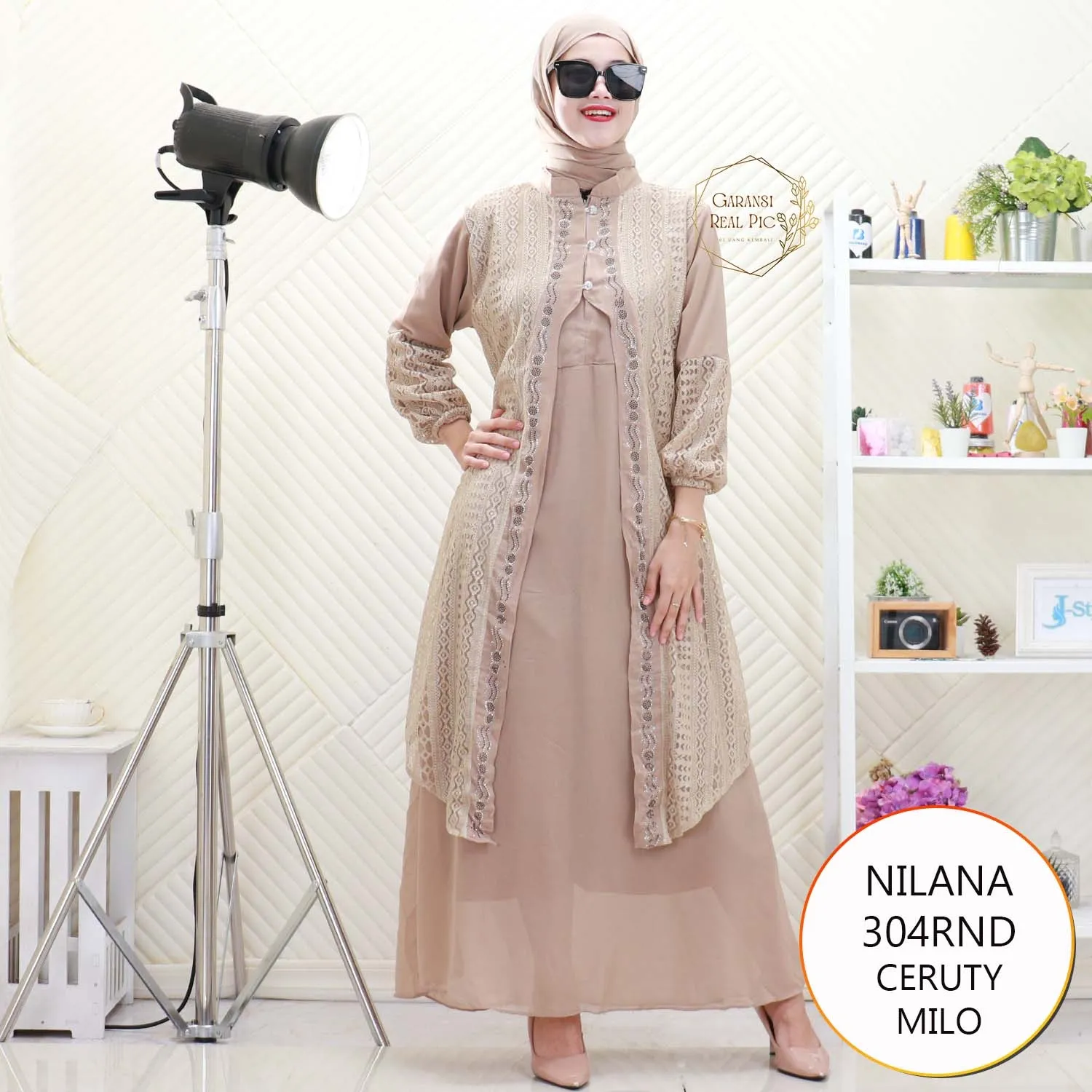 Nilana Gamis Set Hijab Ceruty Cardi Brukat Nyatu Busui Friendly