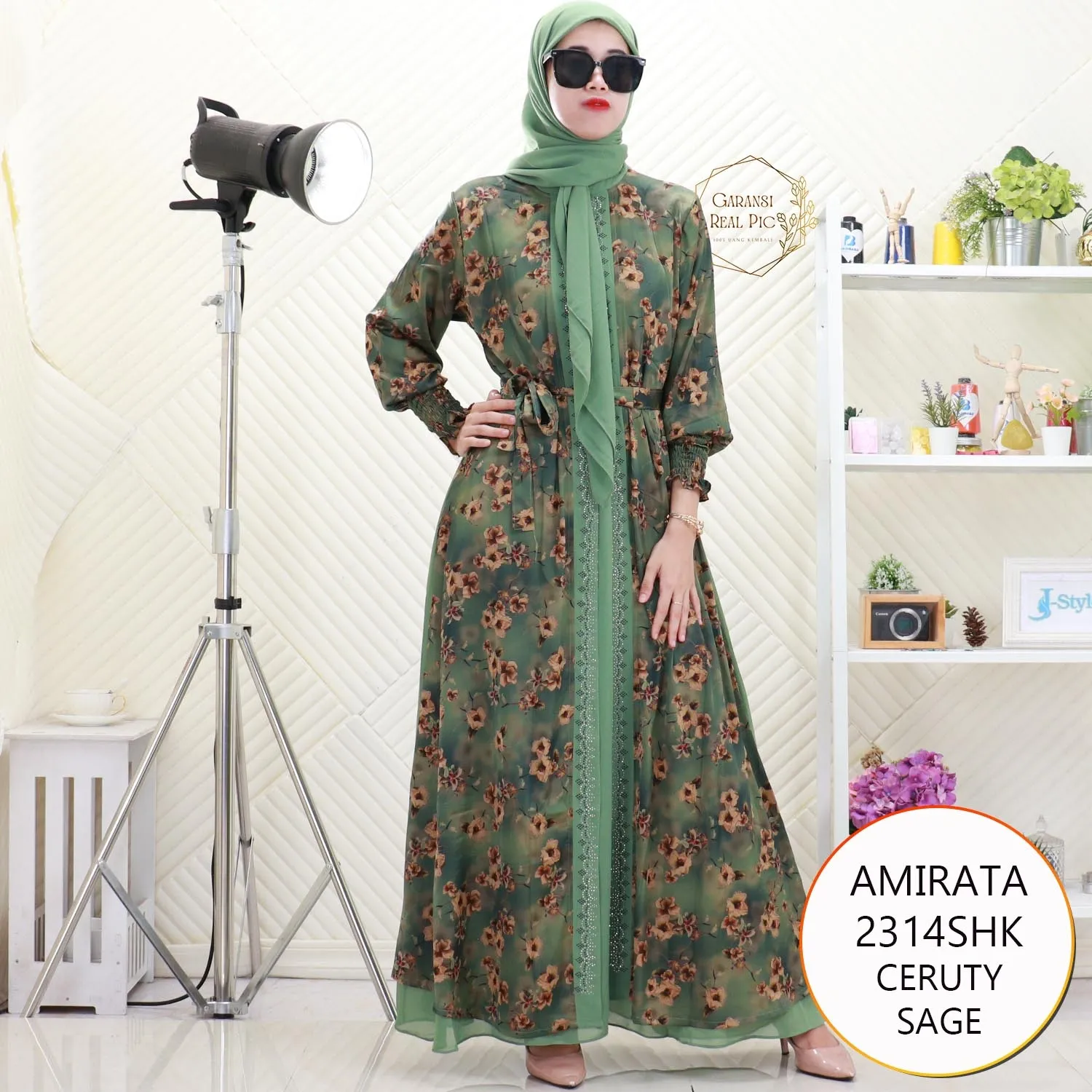 Amirata Gamis Muslimah  Set Hijab Cardi Nyatu Motif Printing Busui Friendly