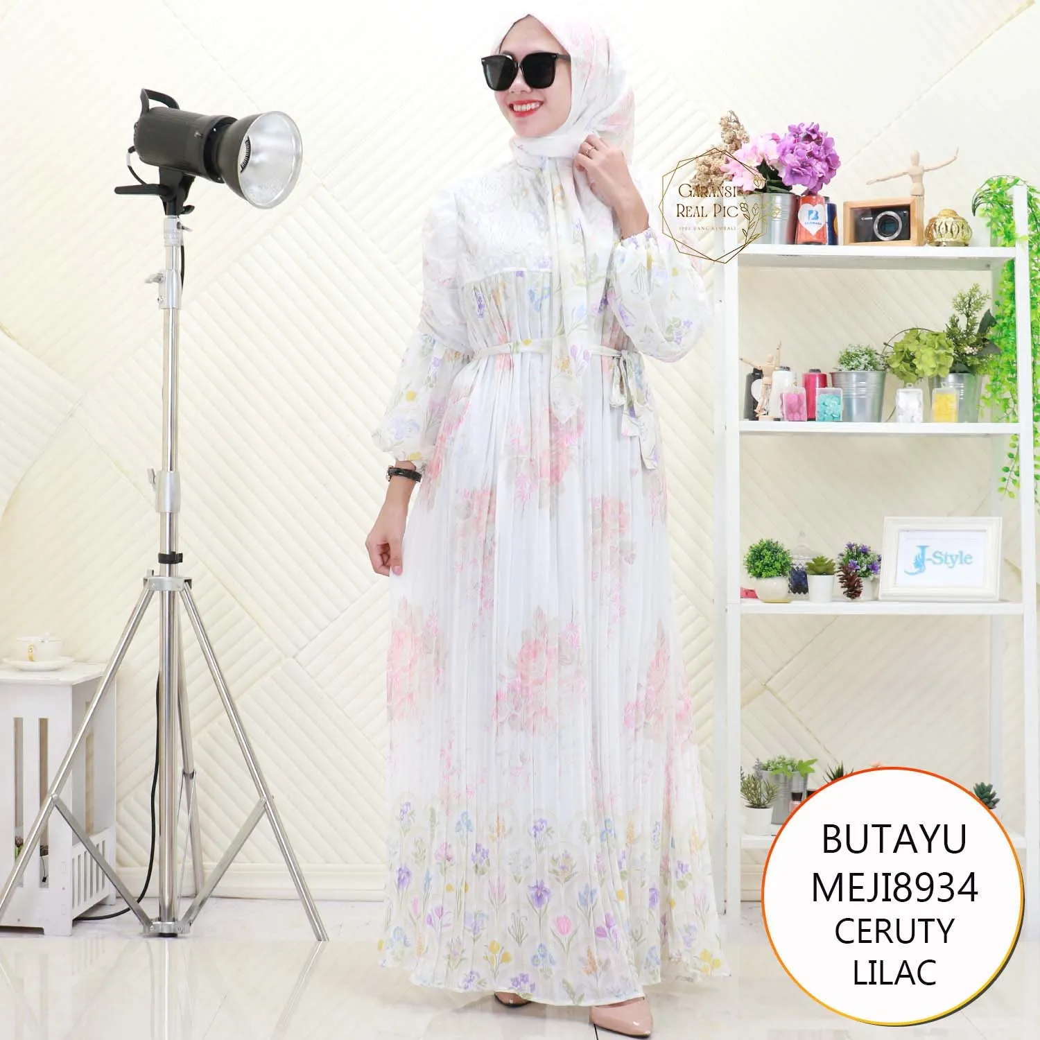 Butayu Gamis Meji Set Hijab Ceruty Motif Print Lengan Balon Kerut