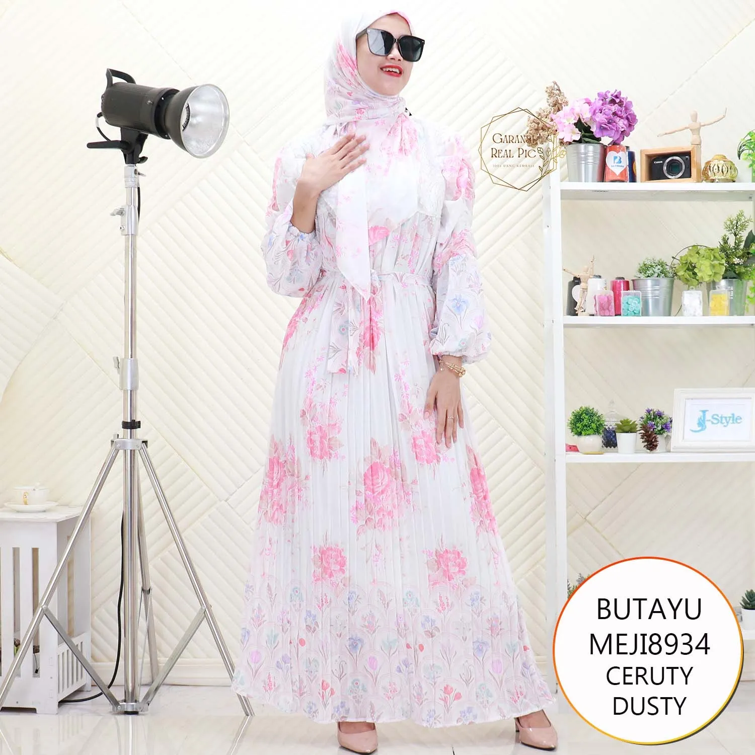 Butayu Gamis Meji Set Hijab Ceruty Motif Print Lengan Balon Kerut