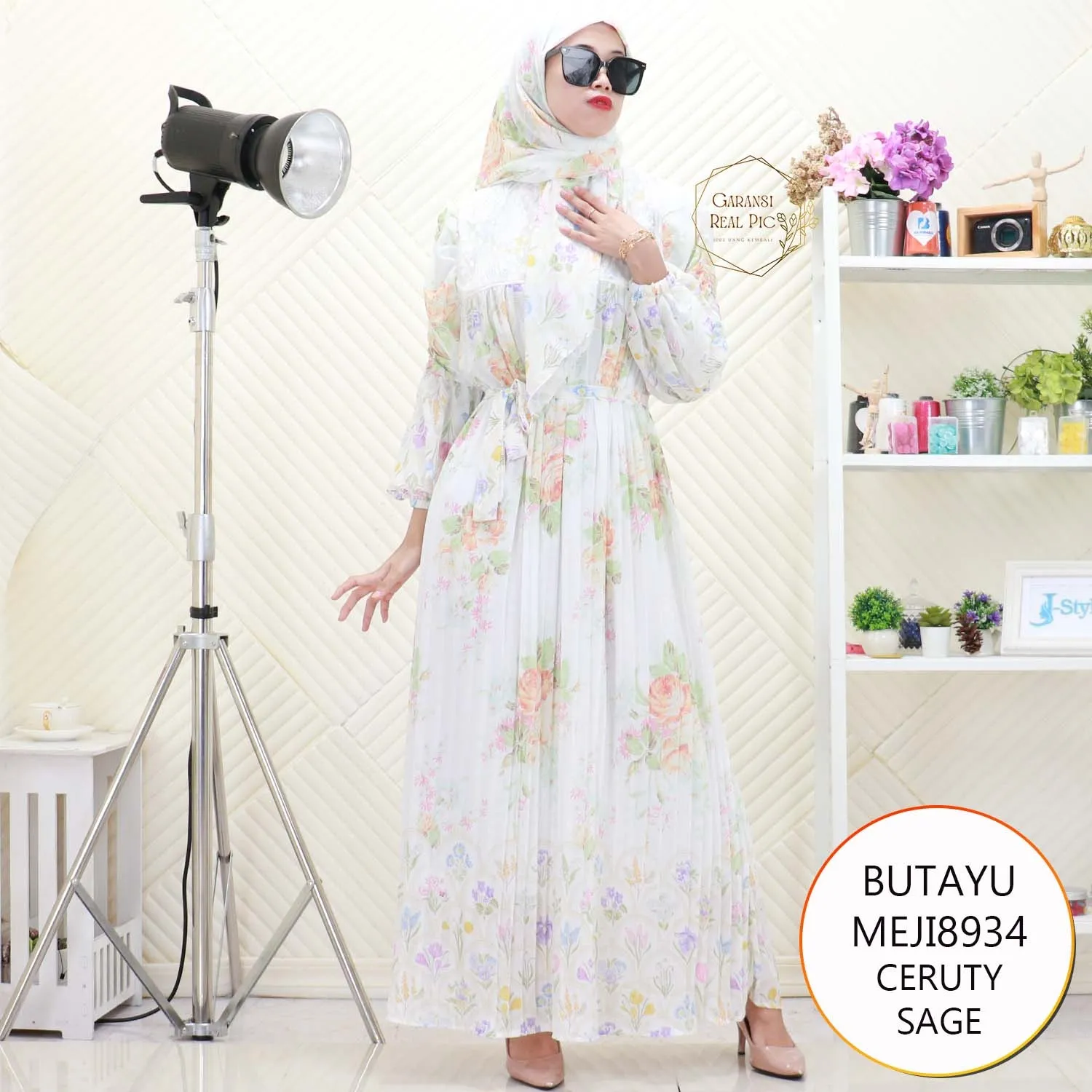 Butayu Gamis Meji Set Hijab Ceruty Motif Print Lengan Balon Kerut