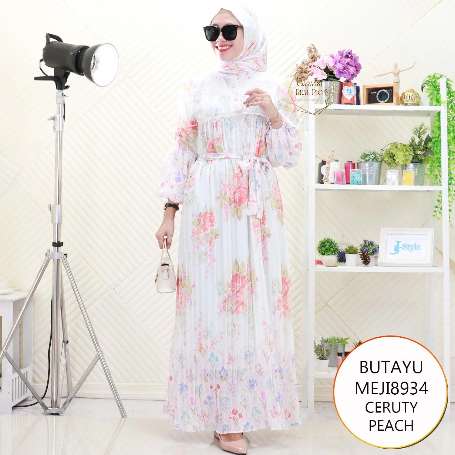 Butayu Gamis Meji Set Hijab Ceruty Motif Print Lengan Balon Kerut