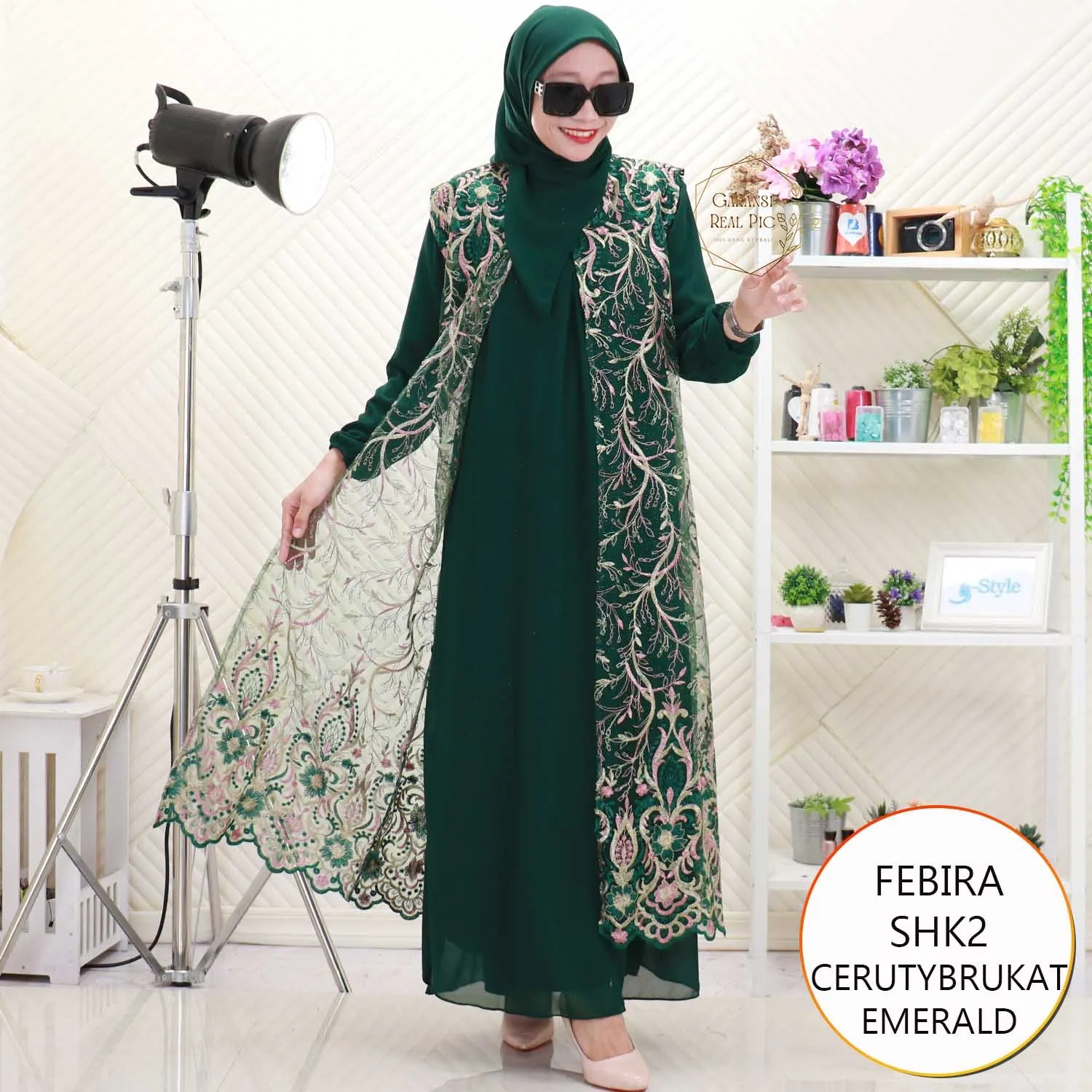 Febira Gamis Pesta Ceruty Cardi Brukat Nyatu Lengan Balon Set Hijab Segiempat