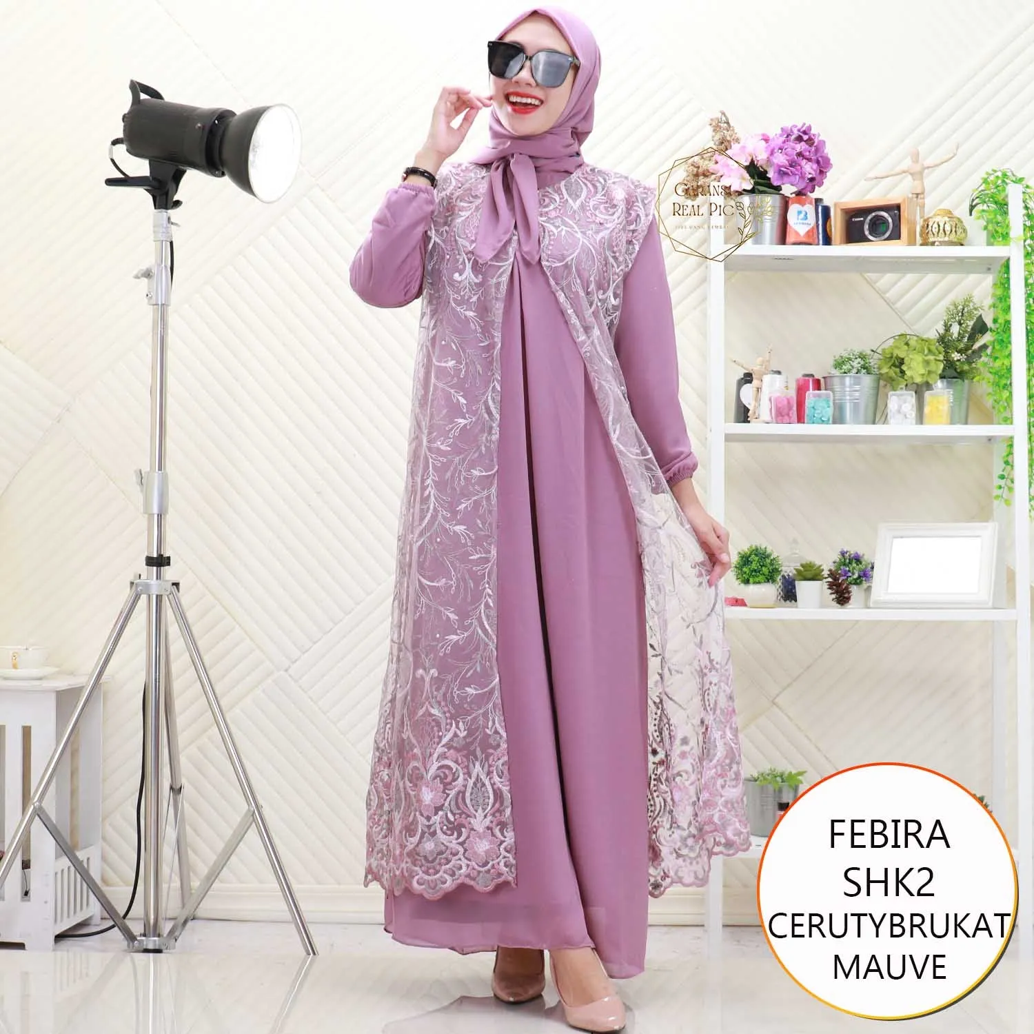 Febira Gamis Pesta Ceruty Cardi Brukat Nyatu Lengan Balon Set Hijab Segiempat