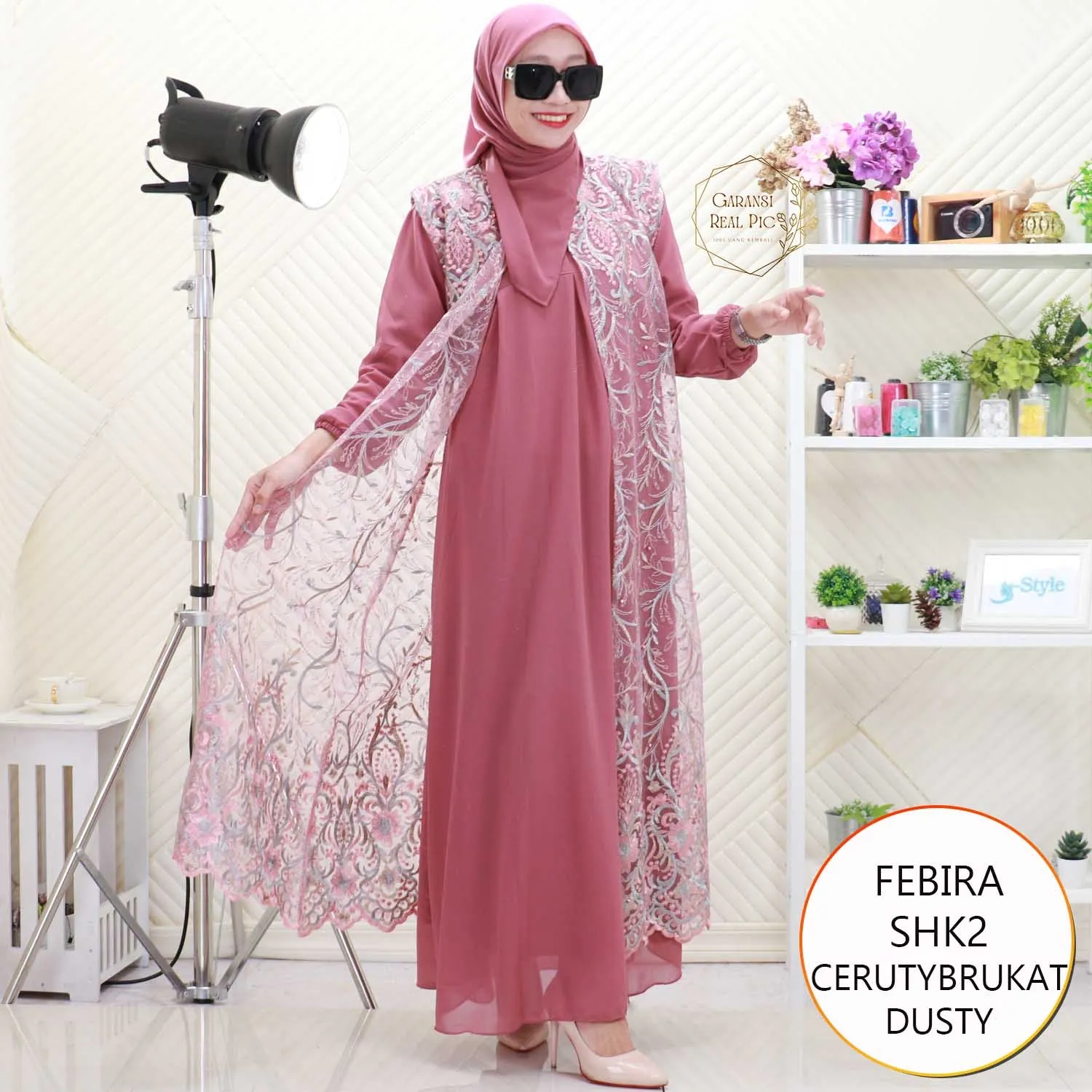 Febira Gamis Pesta Ceruty Cardi Brukat Nyatu Lengan Balon Set Hijab Segiempat