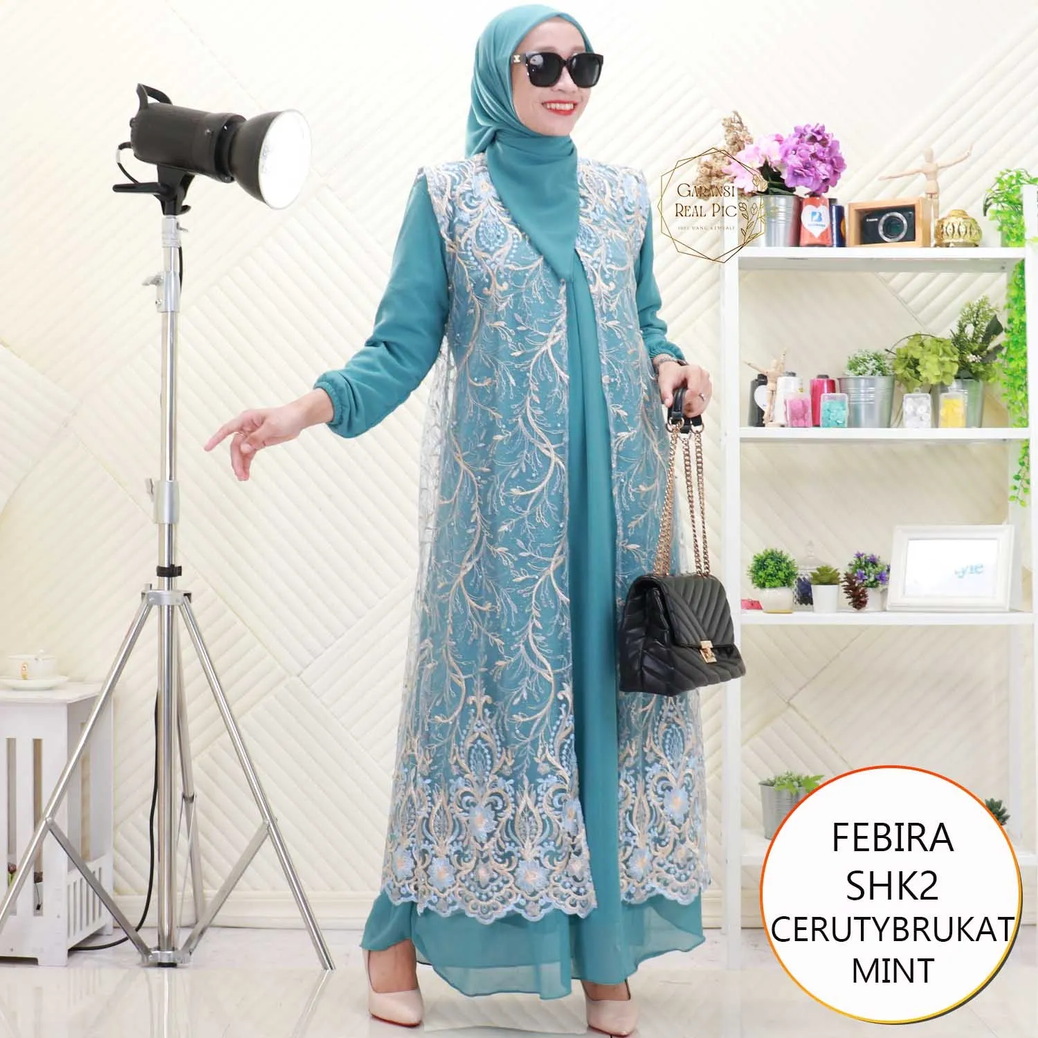 Febira Gamis Pesta Ceruty Cardi Brukat Nyatu Lengan Balon Set Hijab Segiempat