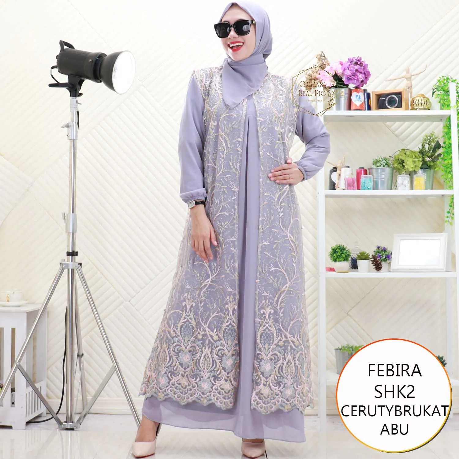 Febira Gamis Pesta Ceruty Cardi Brukat Nyatu Lengan Balon Set Hijab Segiempat