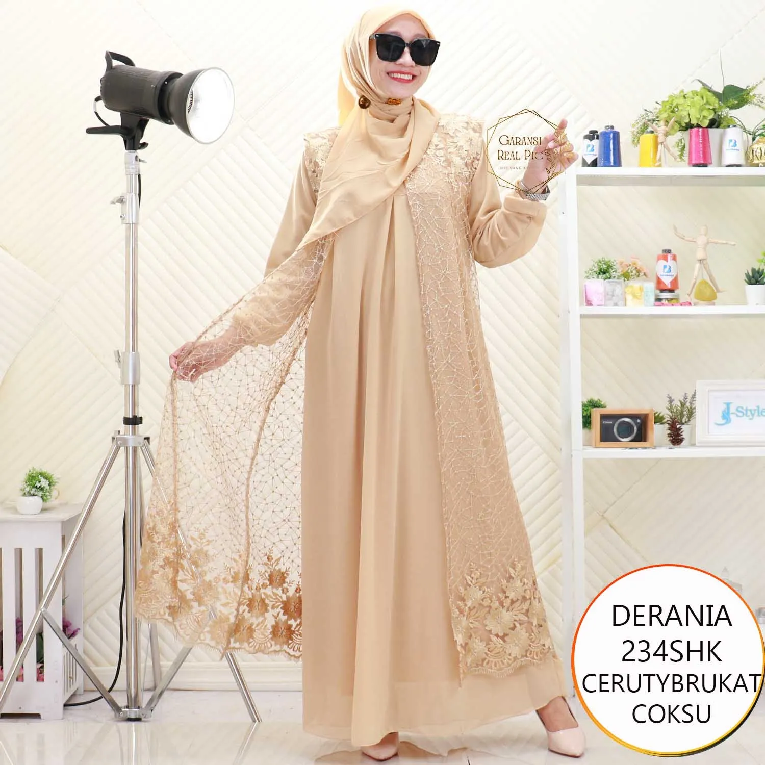 Derania Gamis Ceruty Set Hijab Cardi Tile Bordir Mewah Busui Friendly