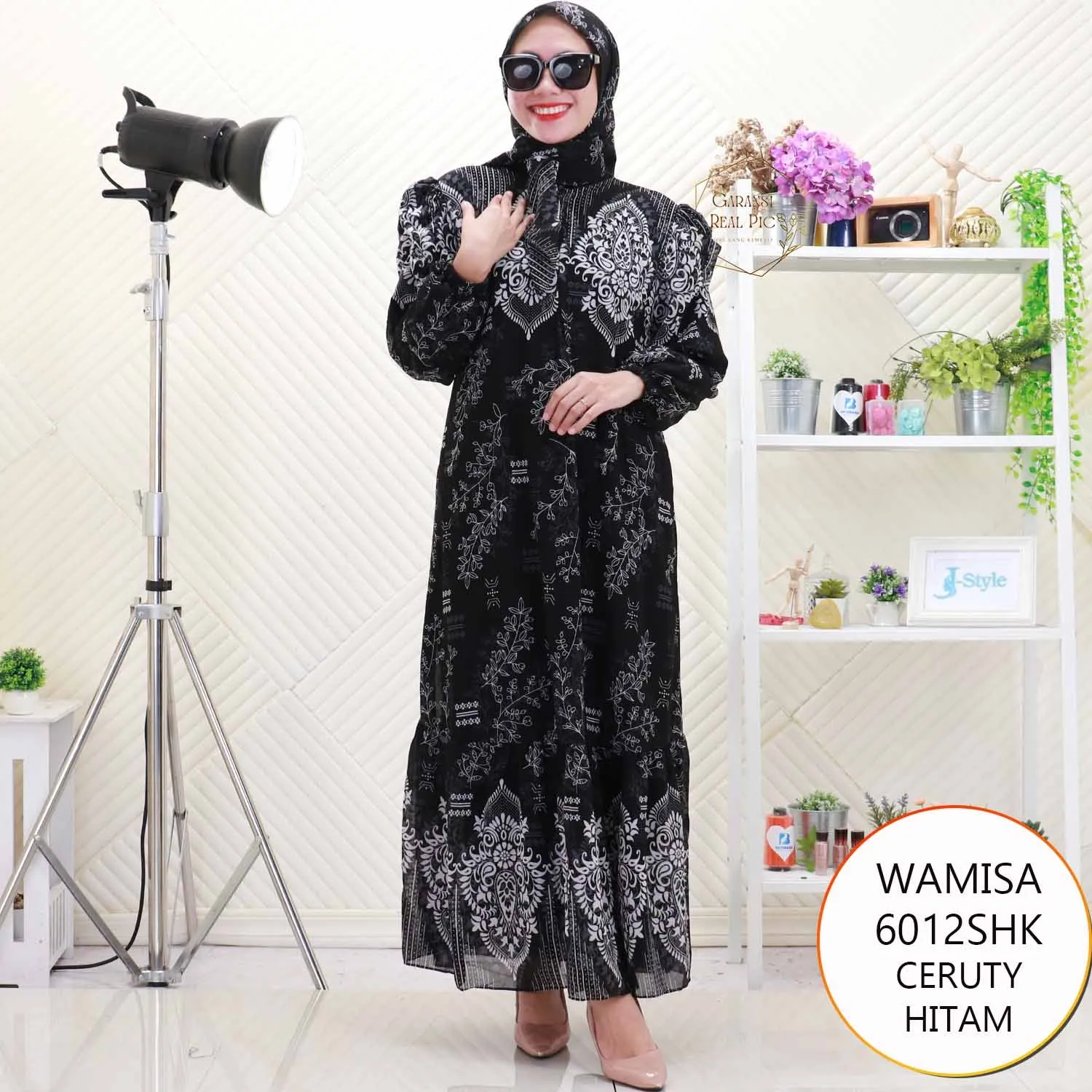 Wamisa Gamis Set Hijab Ceruty Motif Etnik Lengan Kerut Busui Friendly