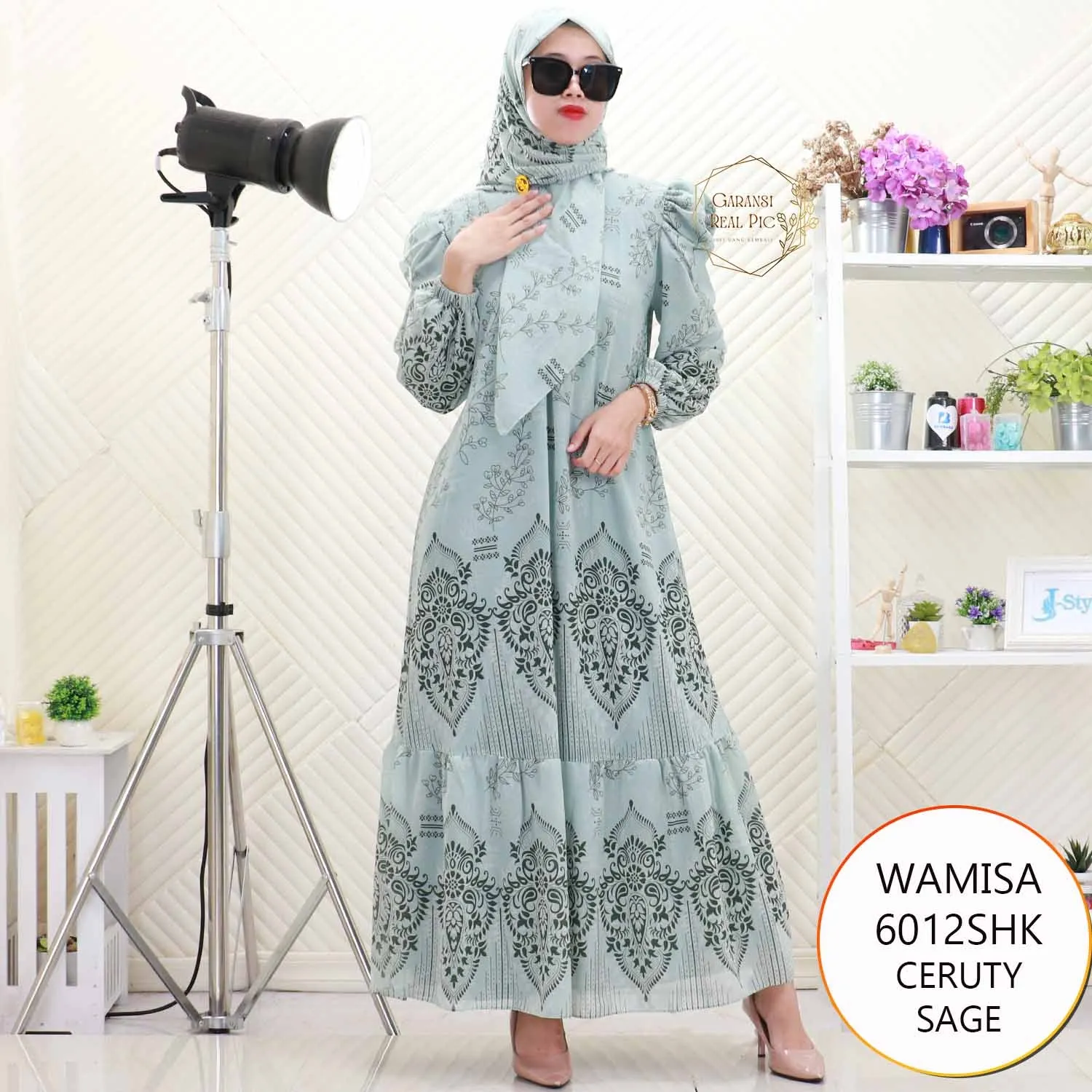 Wamisa Gamis Set Hijab Ceruty Motif Etnik Lengan Kerut Busui Friendly