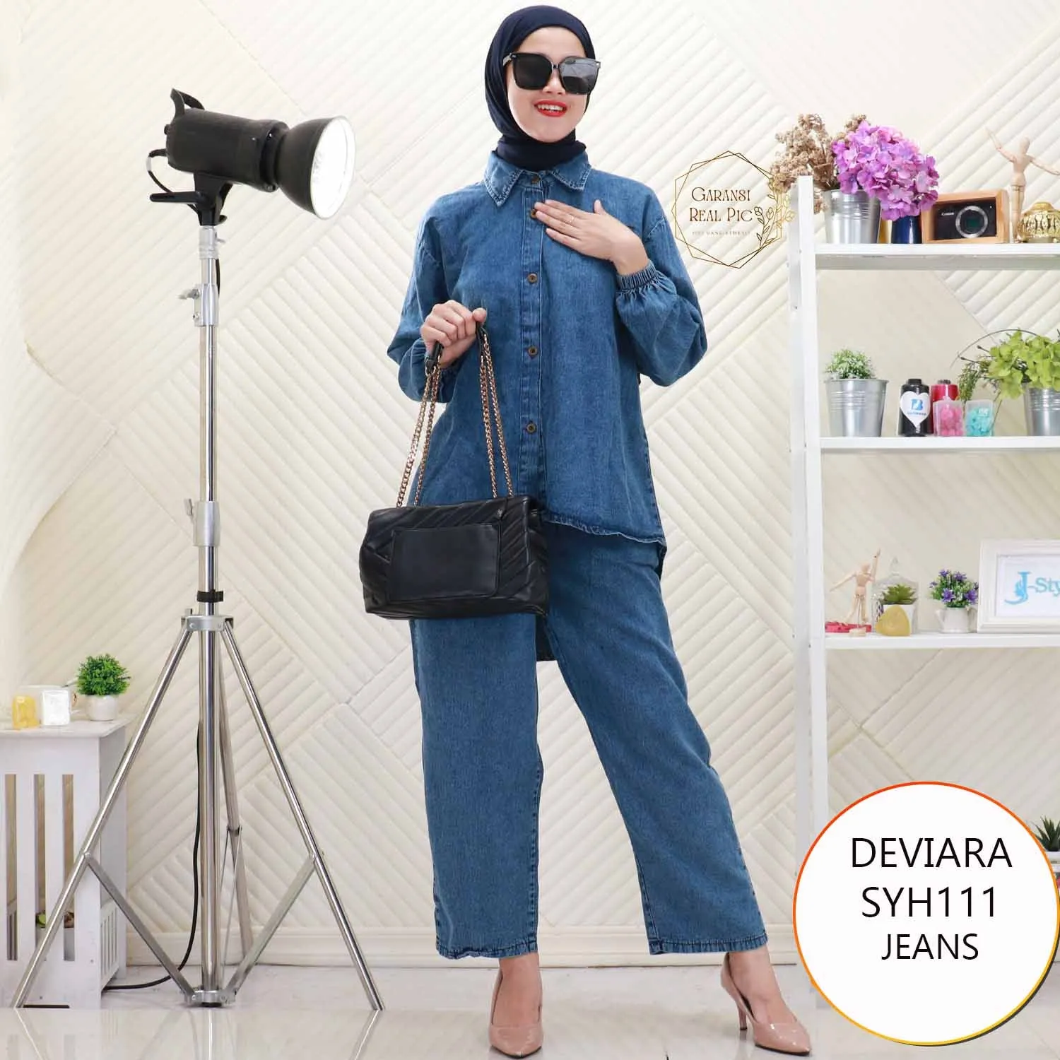 Deviara One Set Kemeja Jeans Model Pinguin Full Kancing