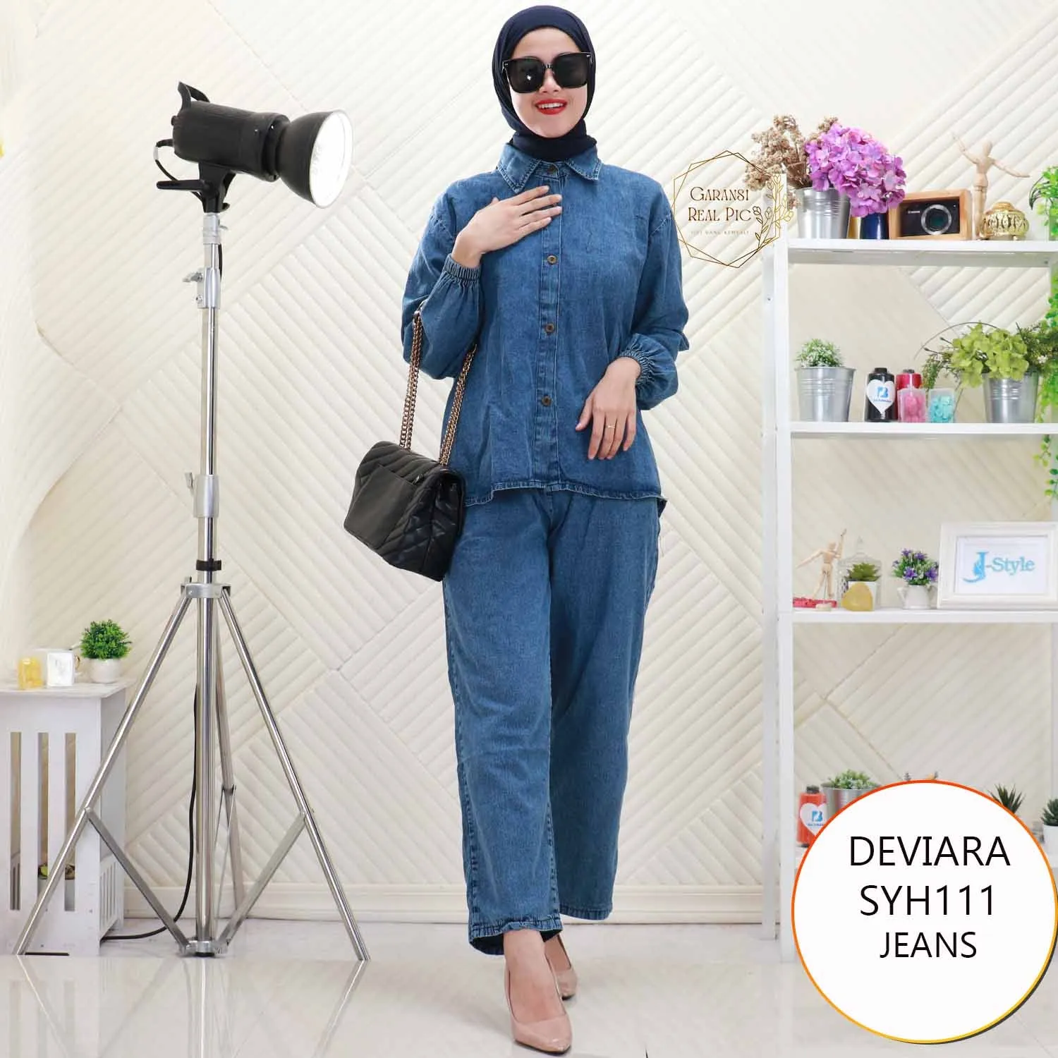 Deviara One Set Kemeja Jeans Model Pinguin Full Kancing