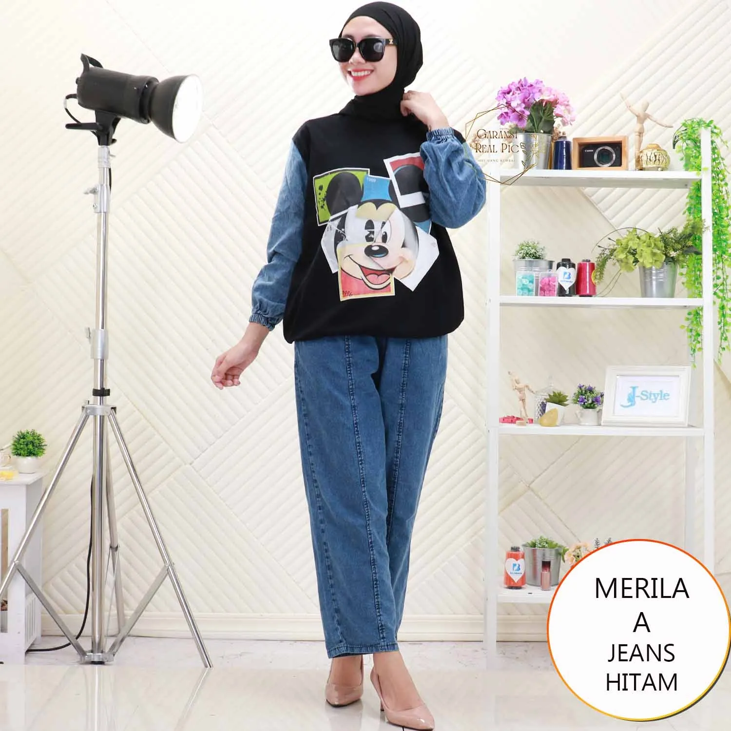 Merila One Set Jeans Washed Mix Cotton Combed Motif Sablon